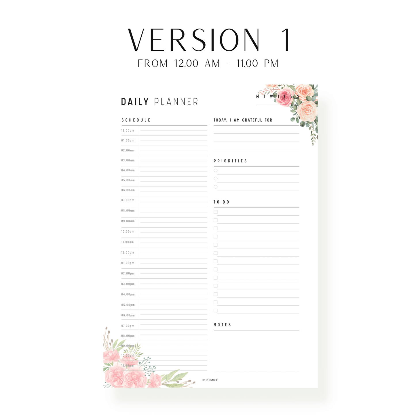 Floral 24 Hour Daily Planner Printable