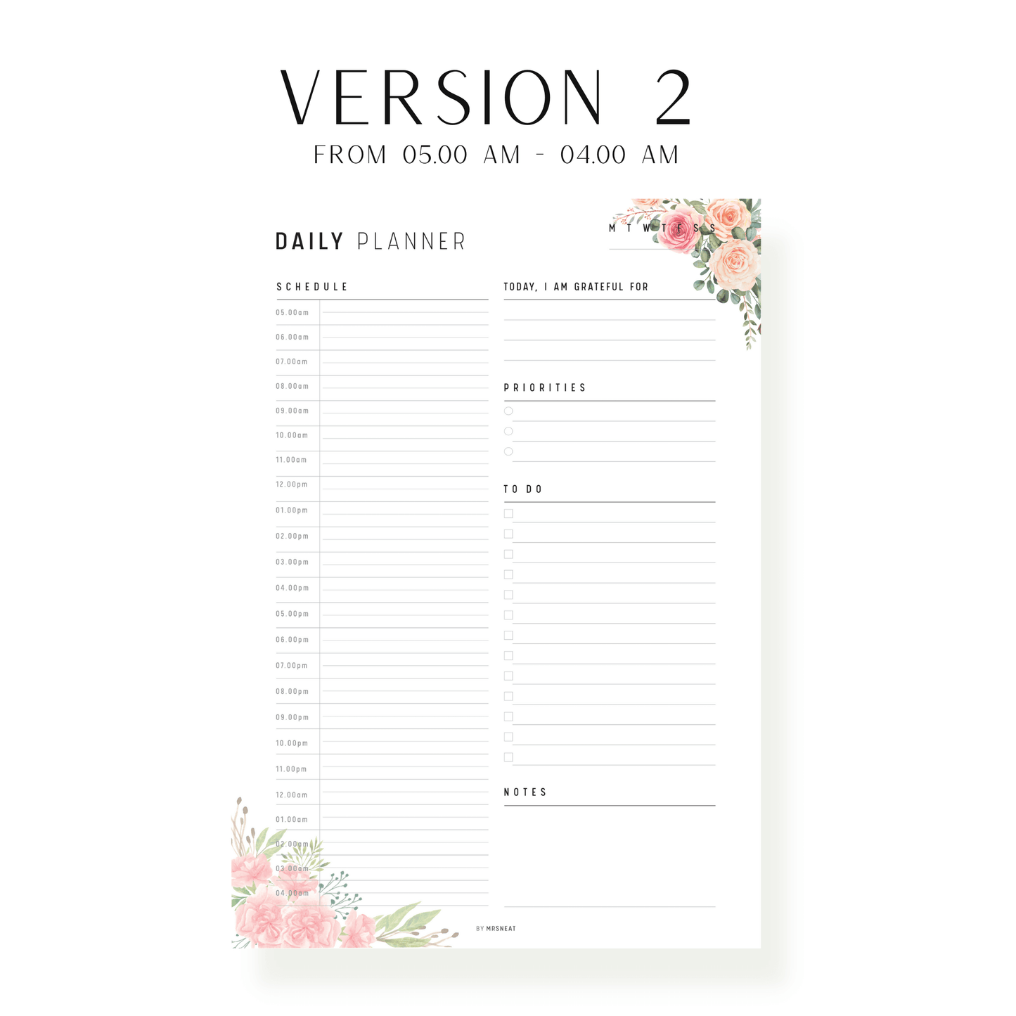Floral 24 Hour Daily Planner Printable