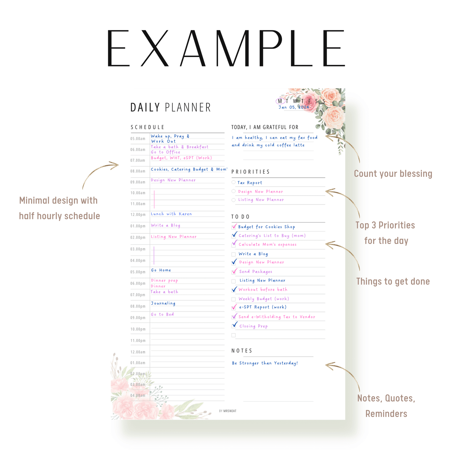Floral 24 Hour Daily Planner Printable