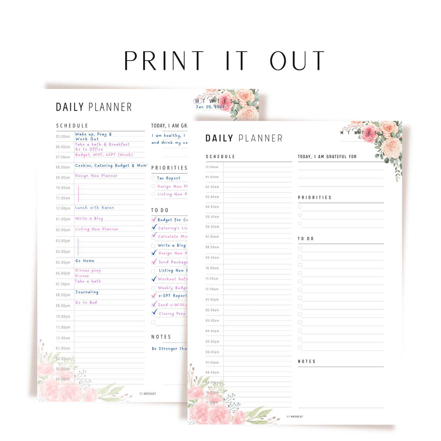 Floral 24 Hour Daily Planner Printable