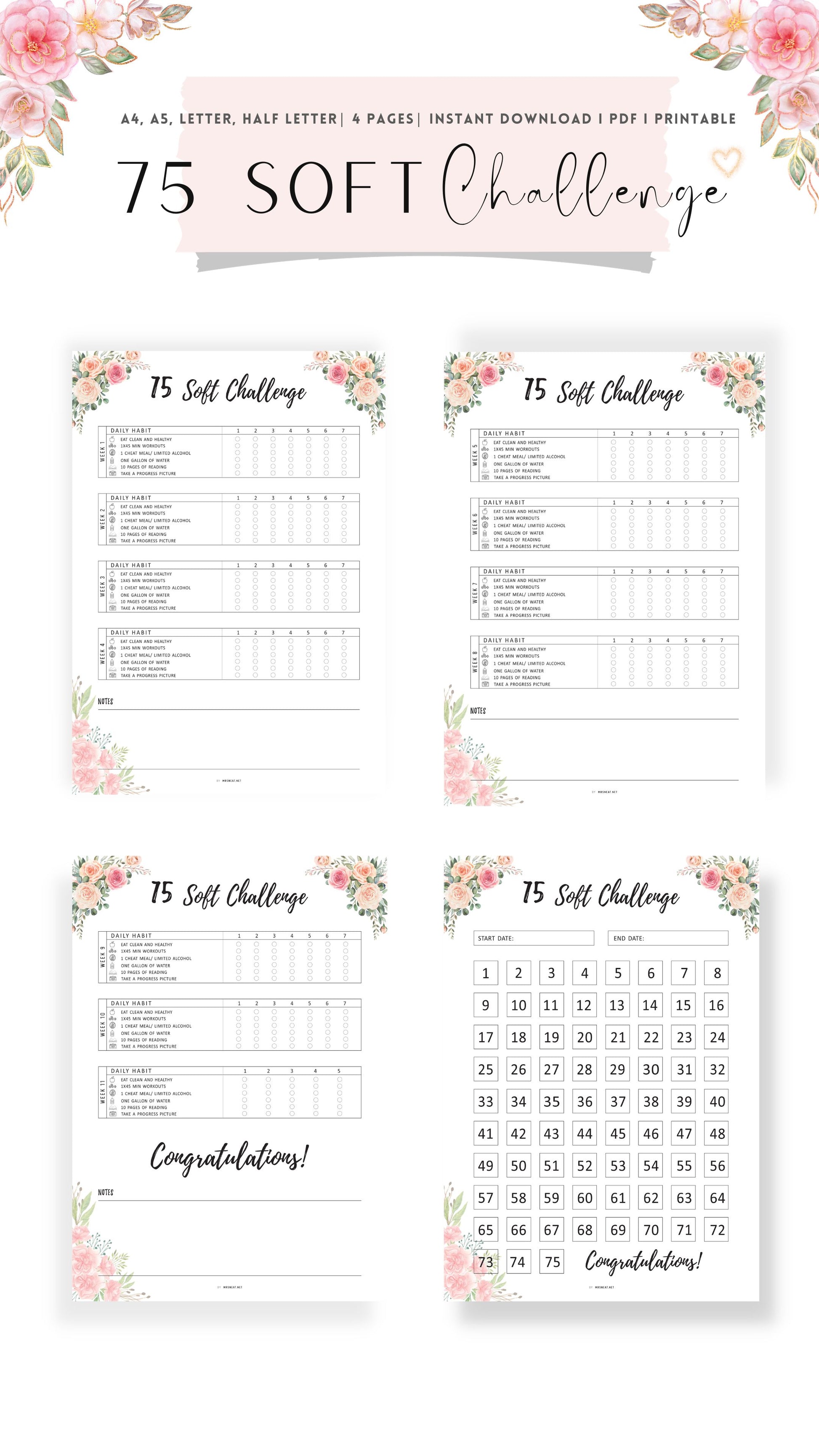 4 Pages Floral 75 Soft Challenge Tracker Printable