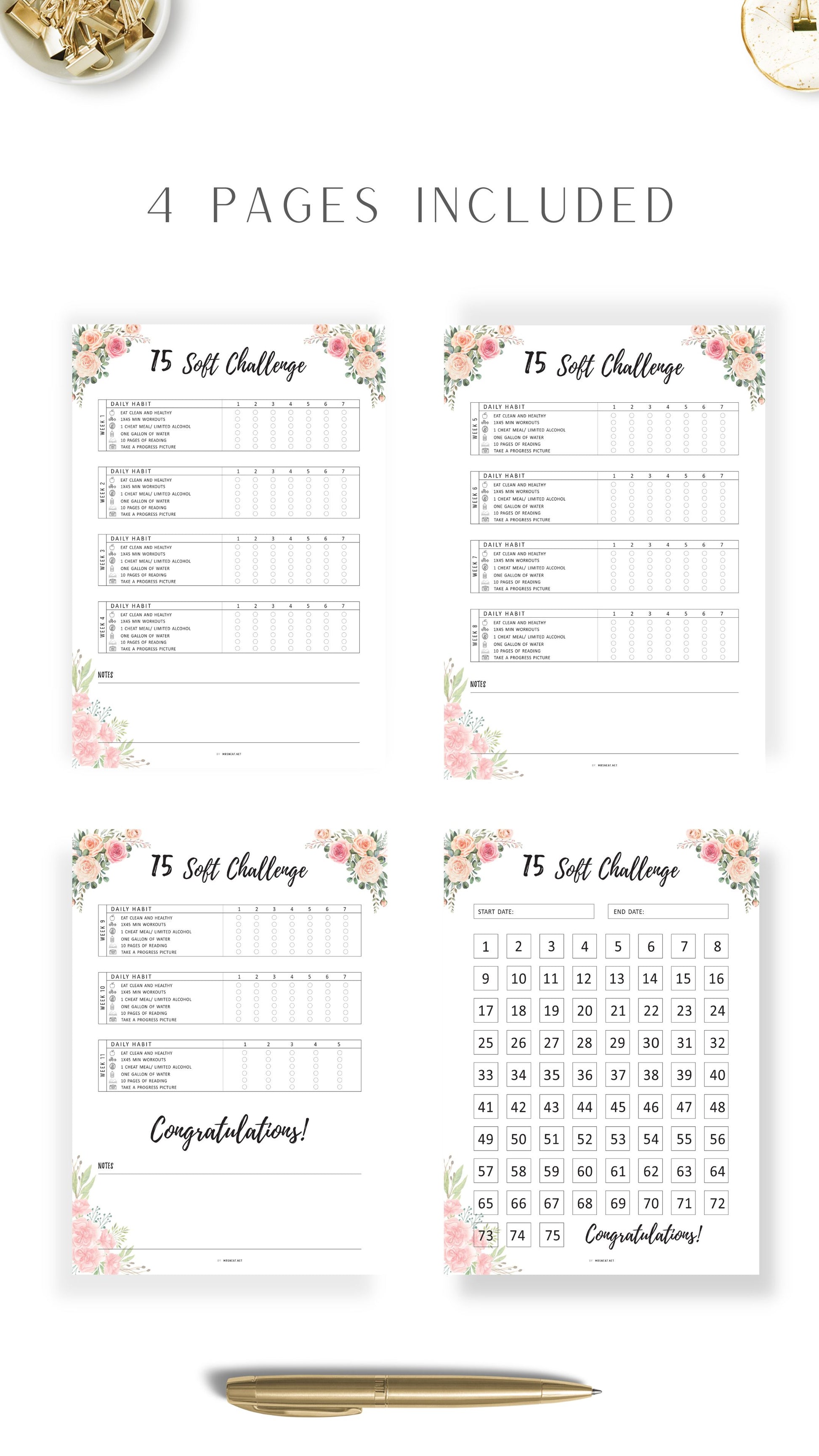 4 Pages Floral 75 Soft Challenge Tracker Printable