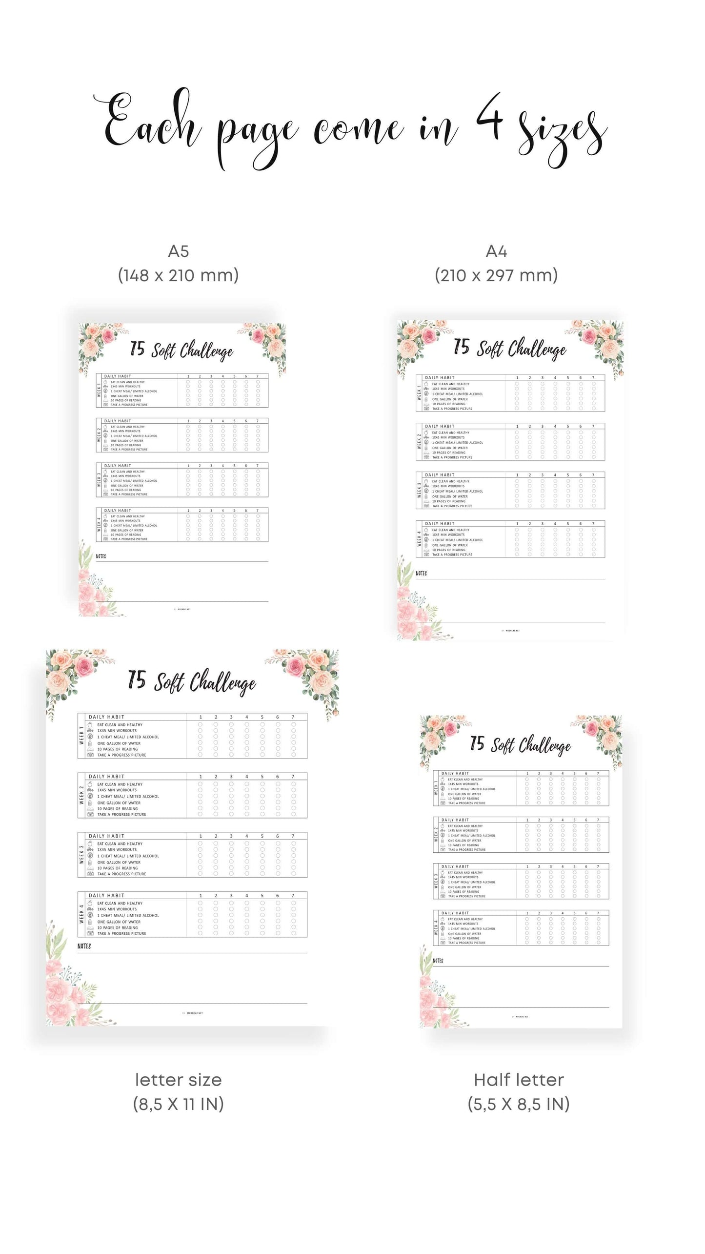 A4, A5, Letter, Half Letter Floral 75 Soft Challenge Tracker Printable