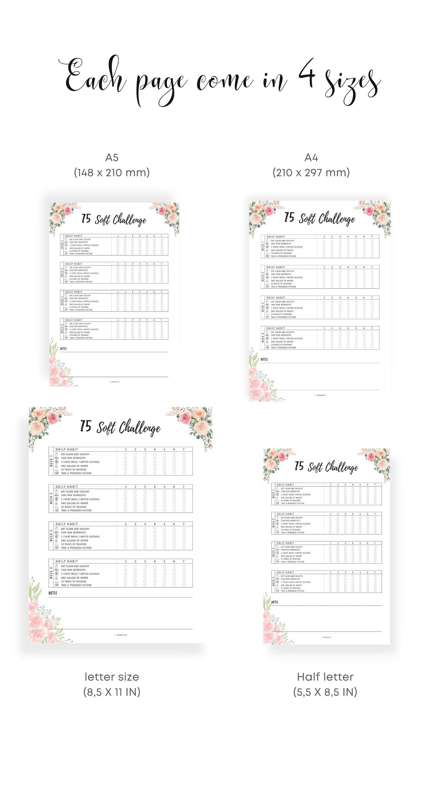 A4, A5, Letter, Half Letter Floral 75 Soft Challenge Tracker Printable