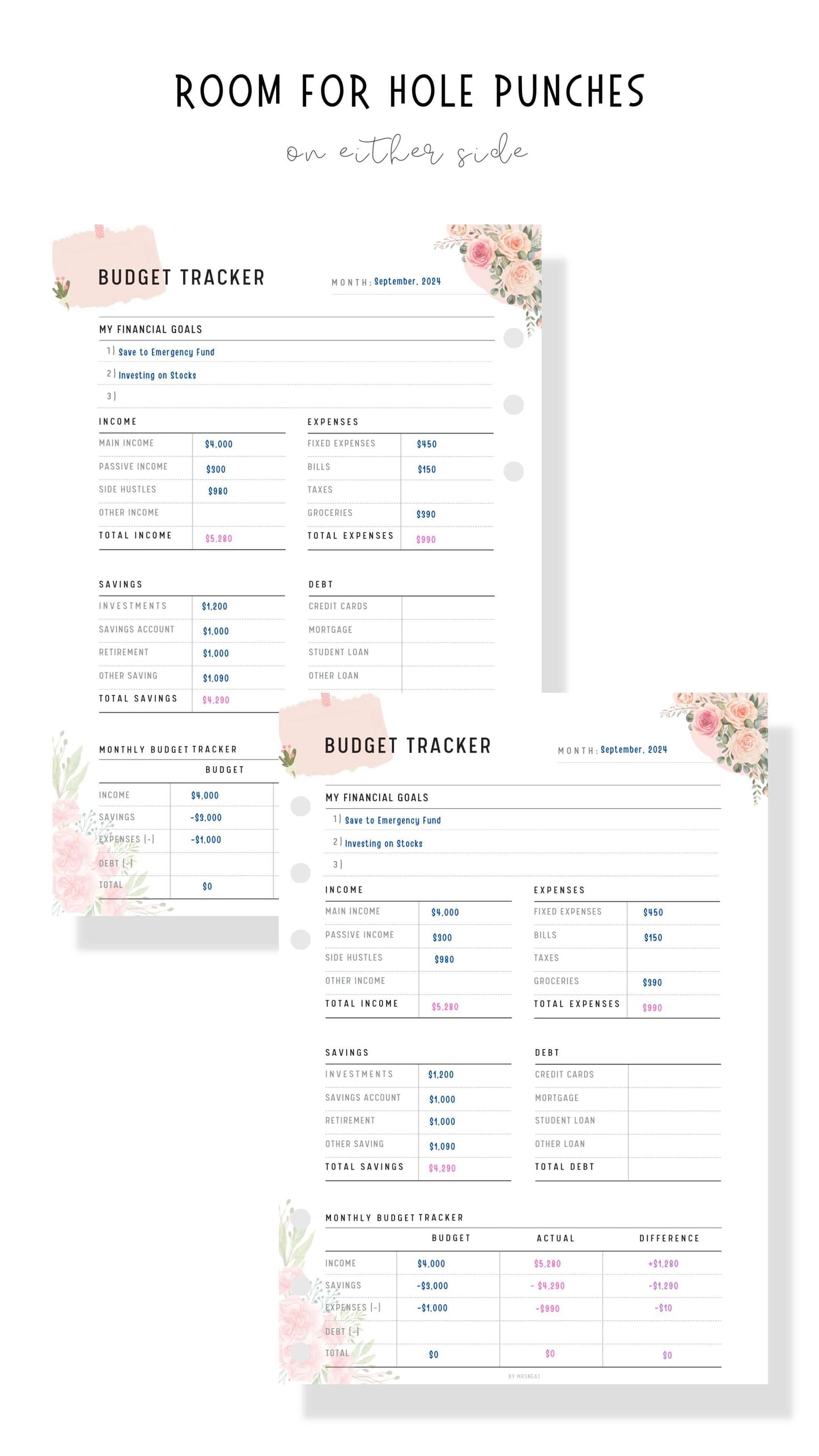 Room for Hole Punches Floral Budget Tracker Printable