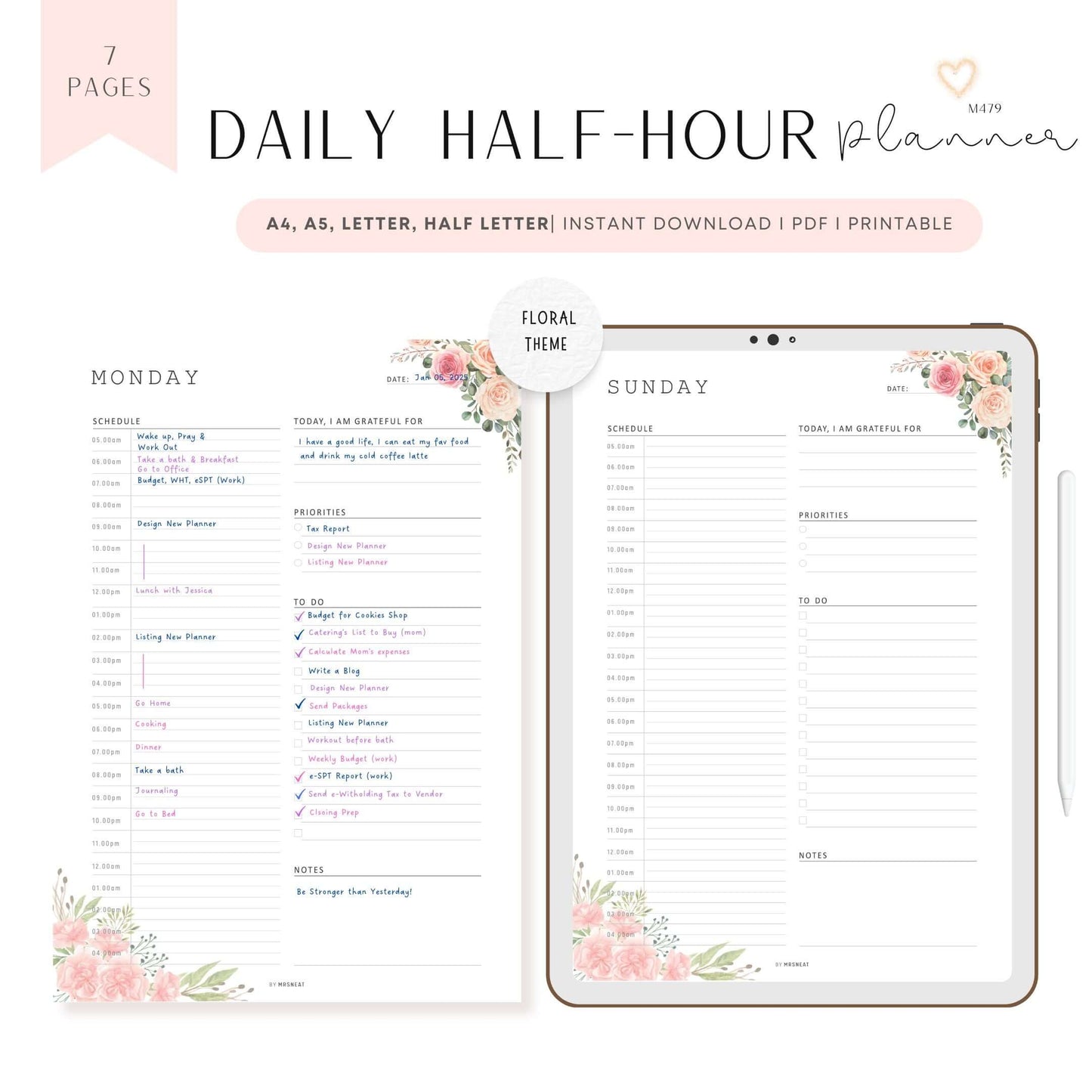 Floral Half Hour Daily Planner Monday to Sunday 7 Pages