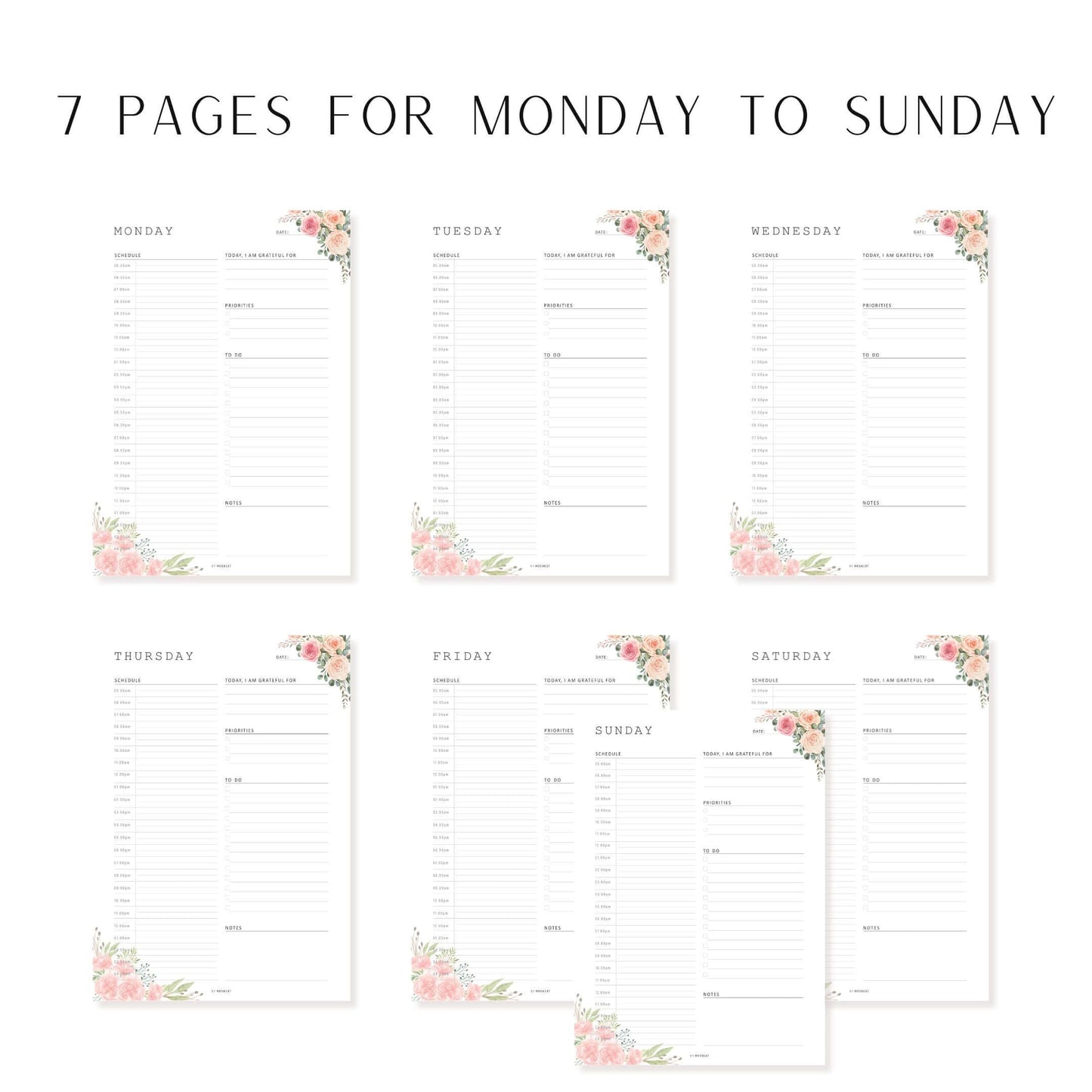 Beautiful Floral Half Hour Daily Planner Monday to Sunday 7 Pages