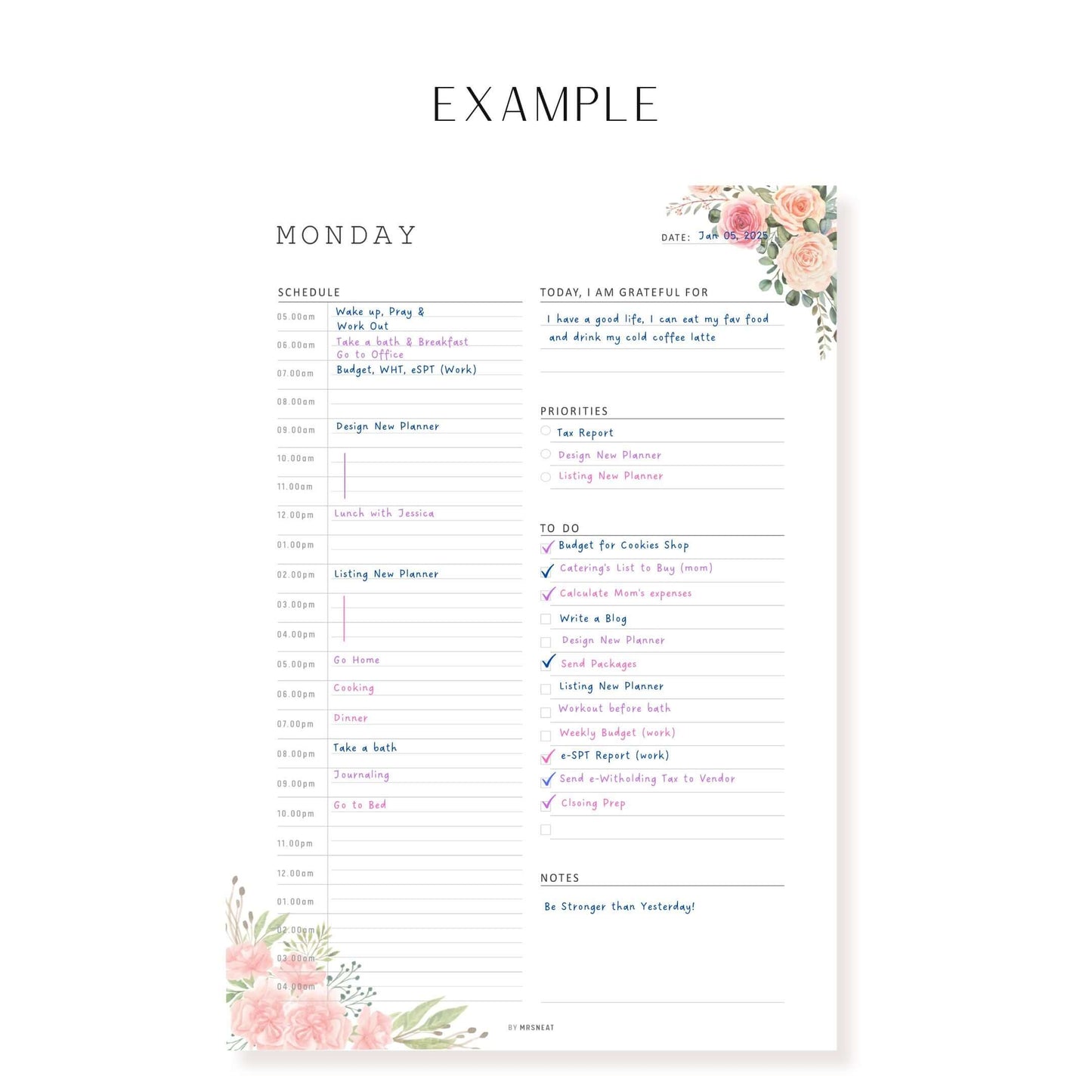 Example Floral Half Hour Daily Planner Monday to Sunday 7 Pages
