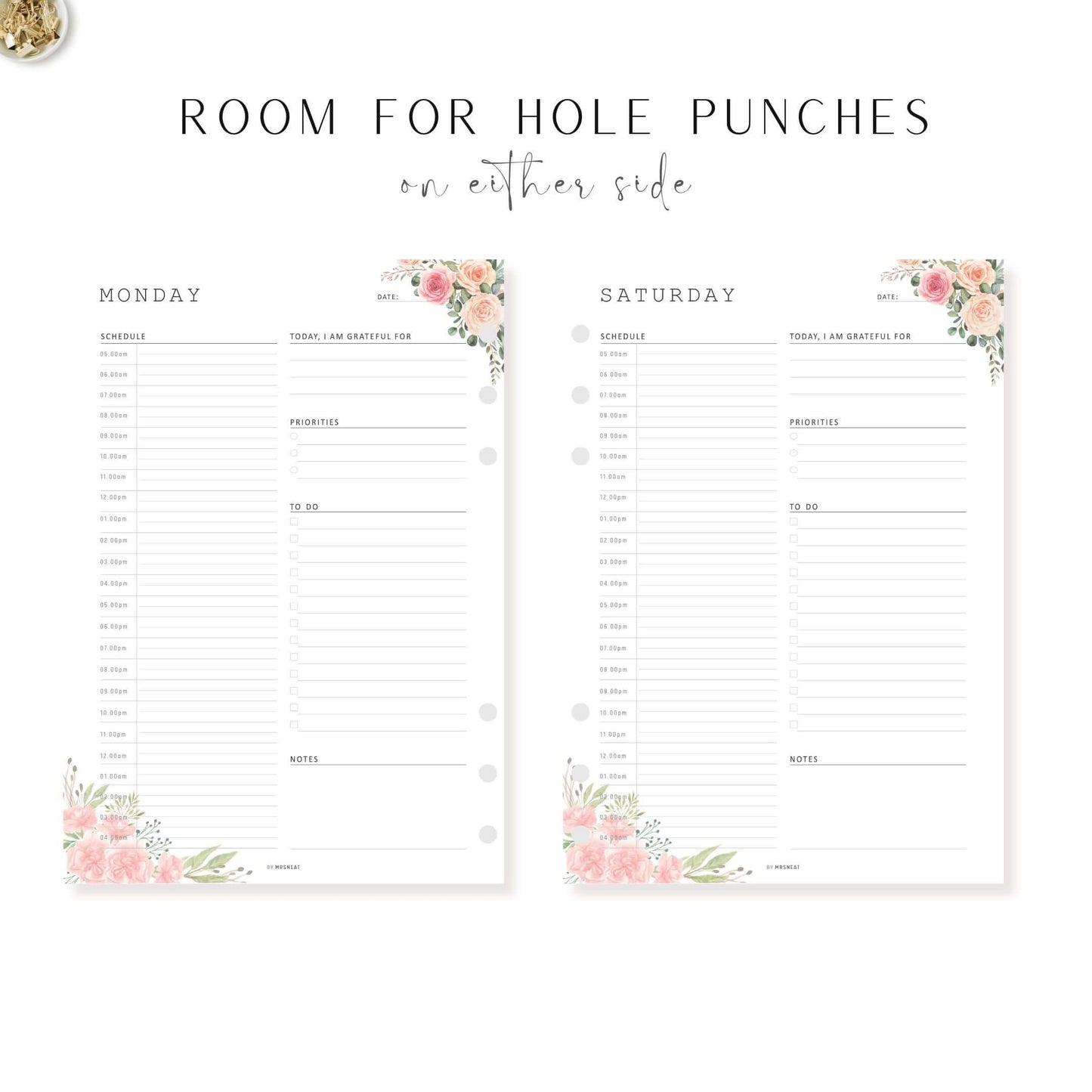 Floral Half Hour Daily Planner Monday to Sunday 7 Pages Room for Hole Punches