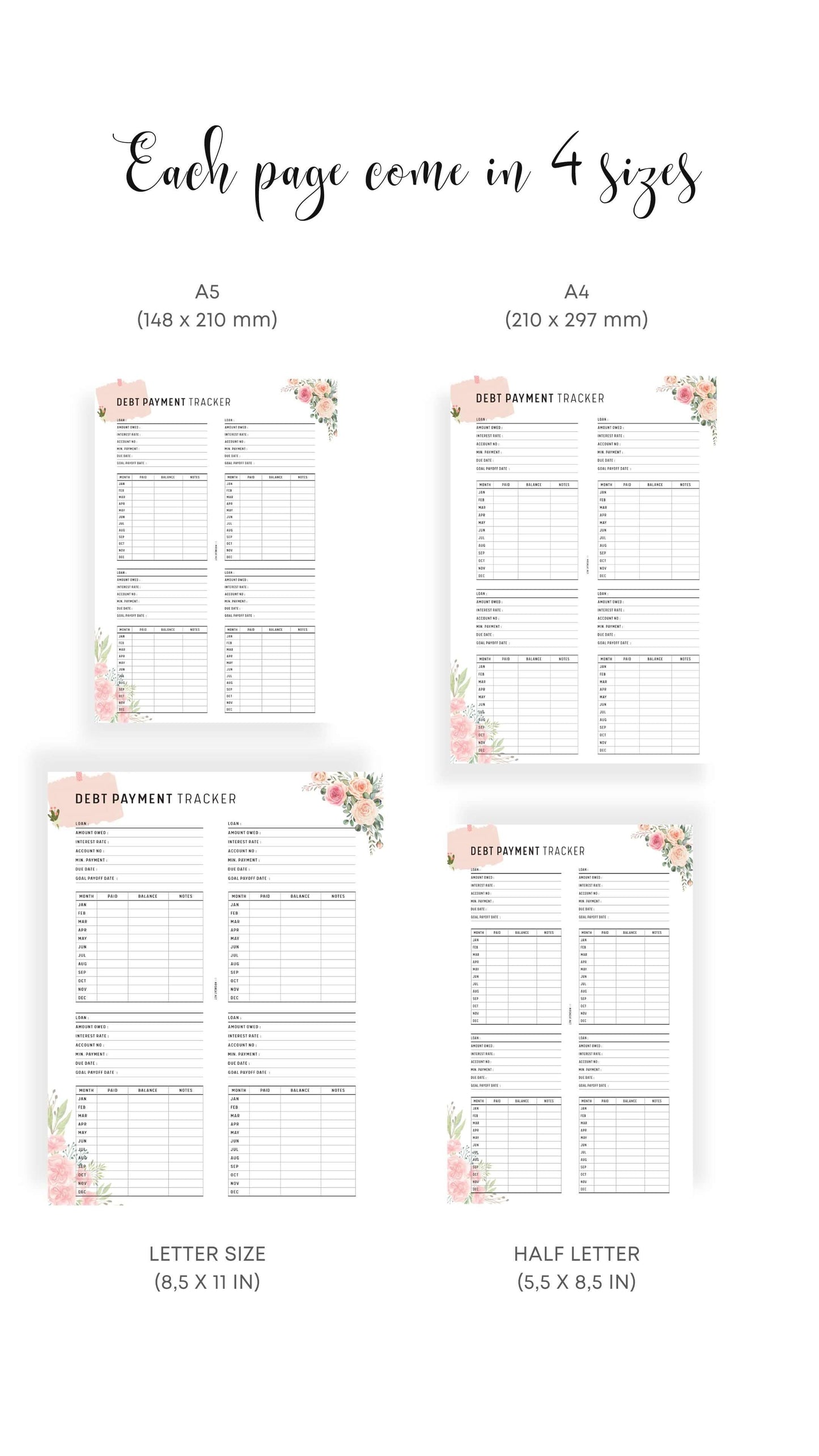 A4, A5, Letter, Half Letter Printable Floral Debt Payment Tracker