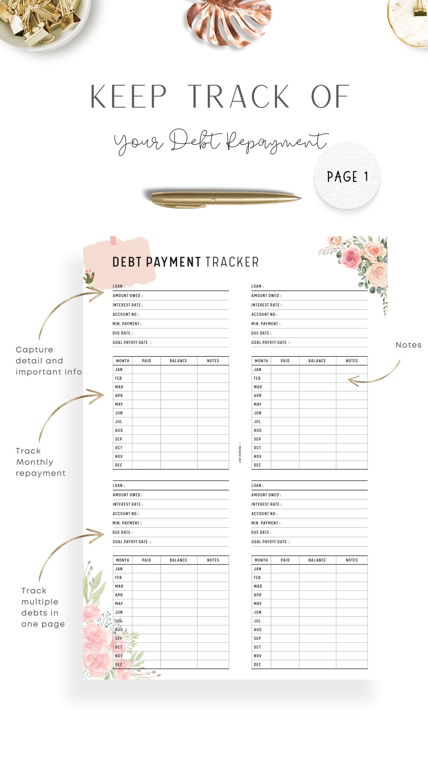 Printable Floral Debt Payment Tracker