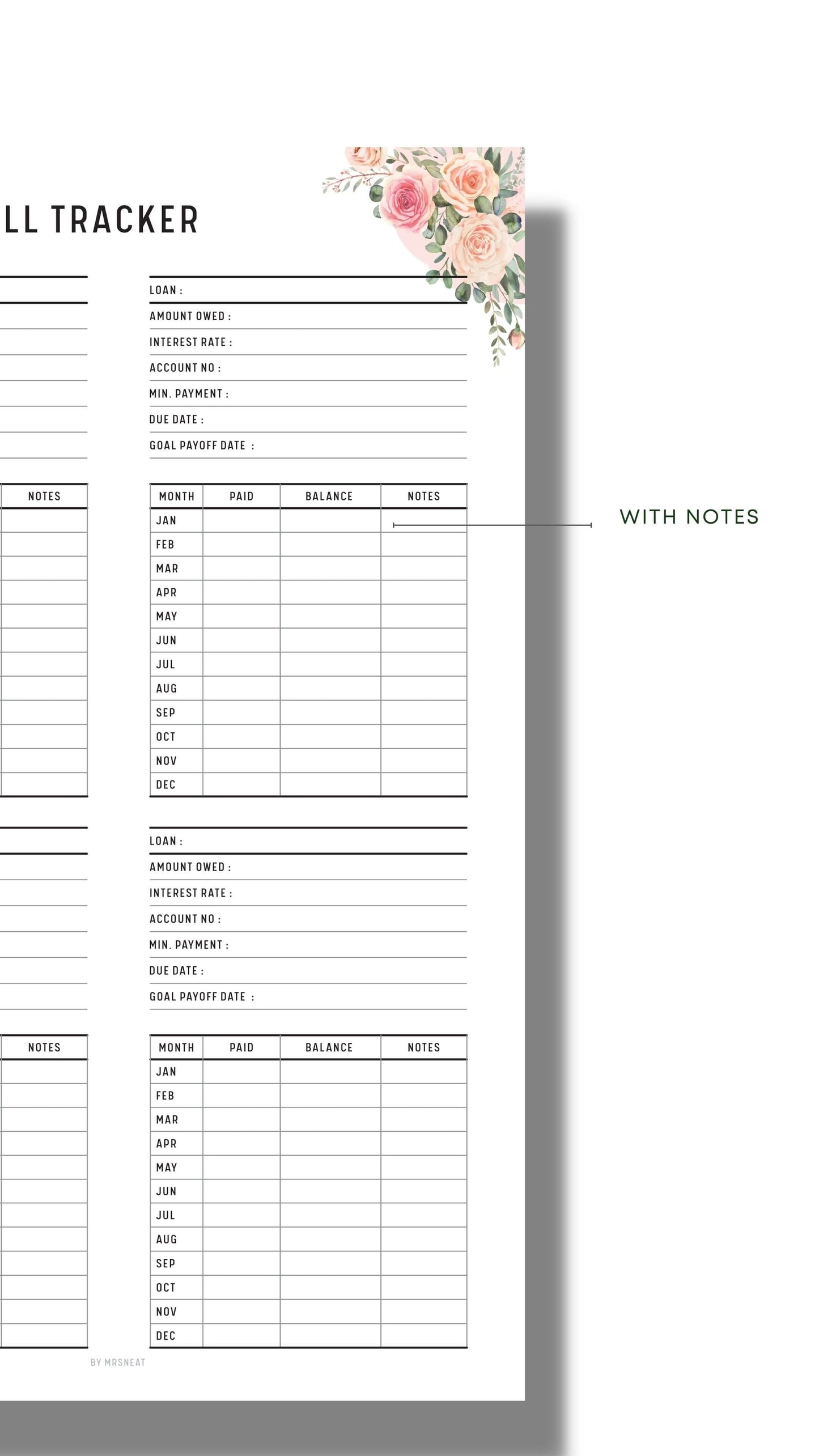 Floral Minimalist Debt Snowball Tracker Template Printable with Multiple debt in one page and Notes