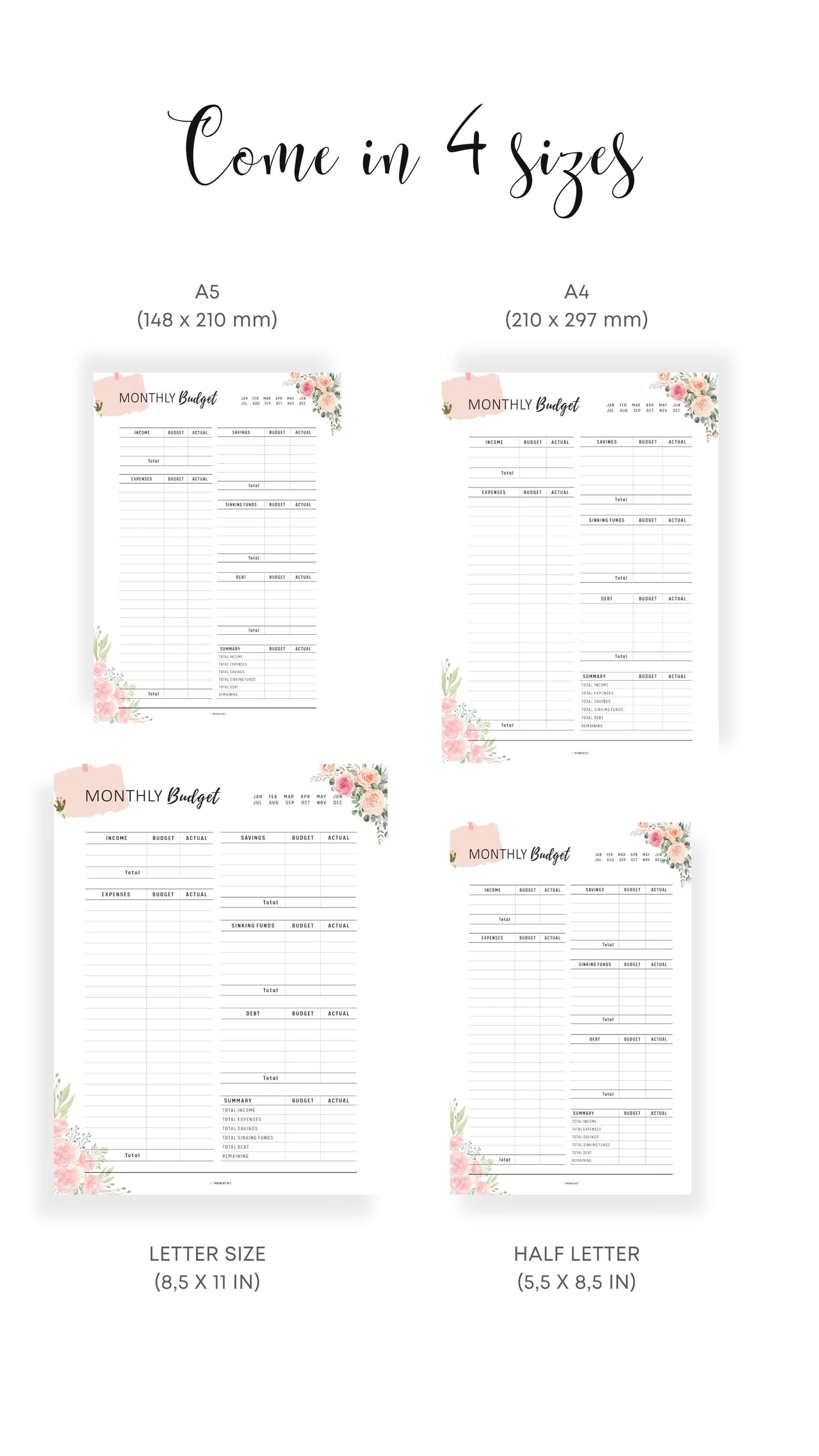 A4, A5, Letter, Half Letter Printable Floral Monthly Budget Planner Template