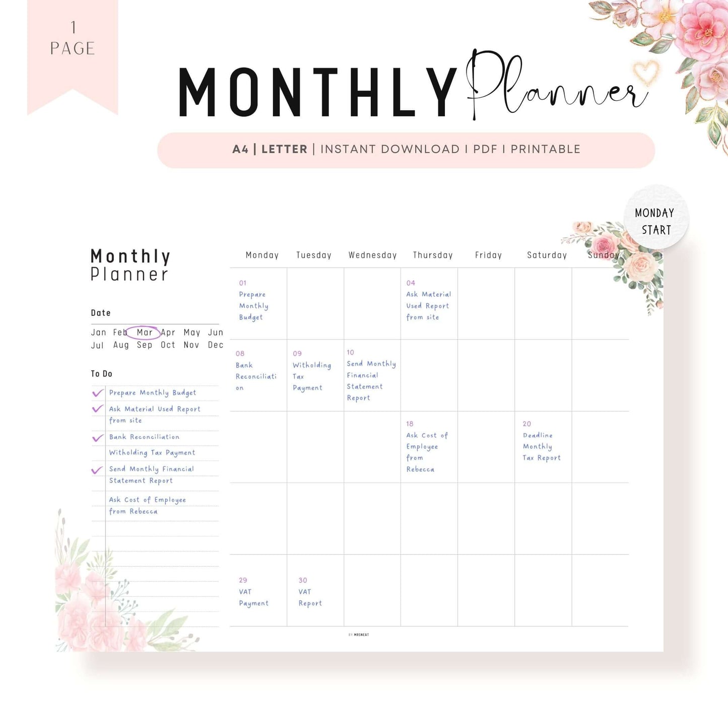 Floral Monthly Planner Printable