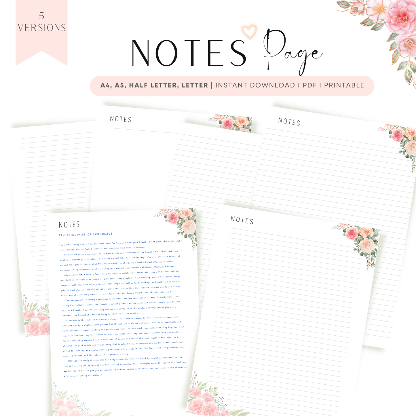 Floral Notes Page Printable, 5 Versions, Digital Planner, Fillable PDF, Floral Themes