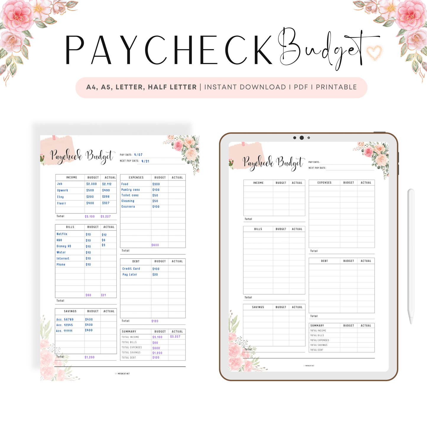 Floral Paycheck Budget Template Printable