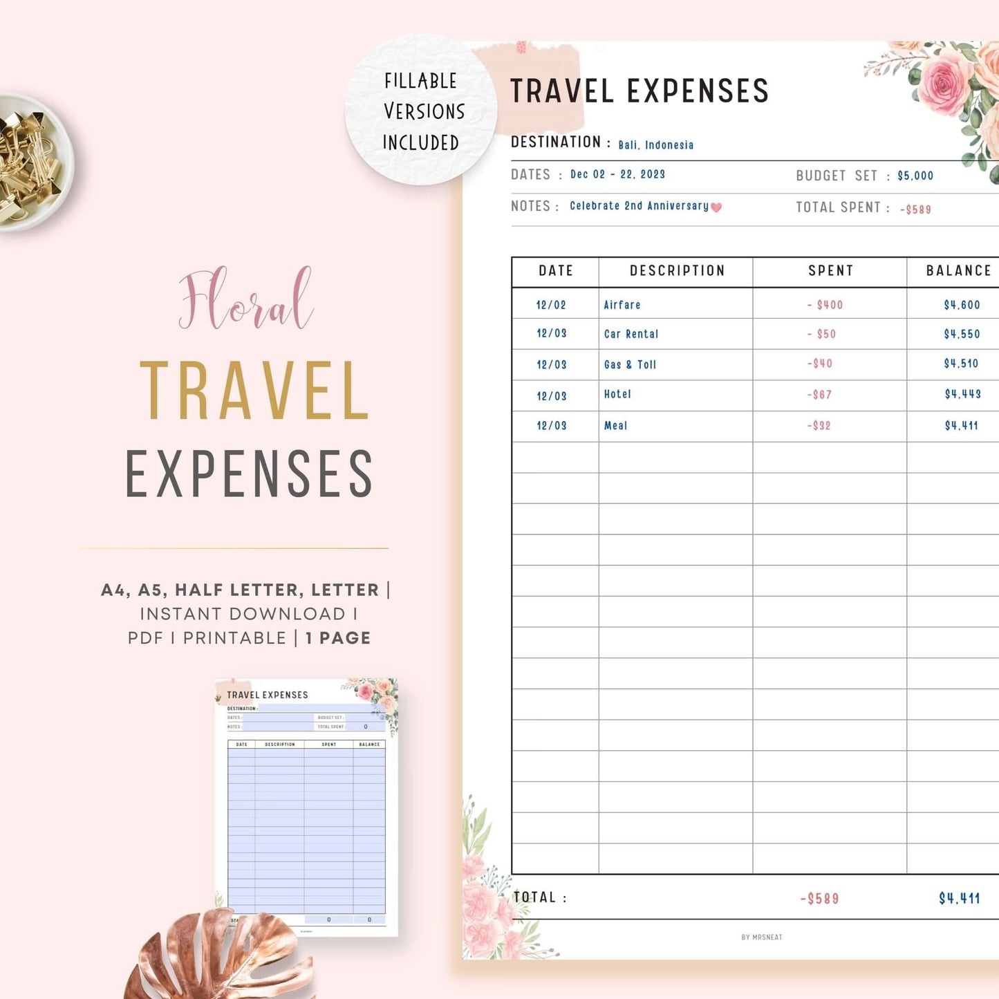 Floral Travel Expenses Tracker Template Printable, A4, A5, Letter, Half Letter, Fillable version included