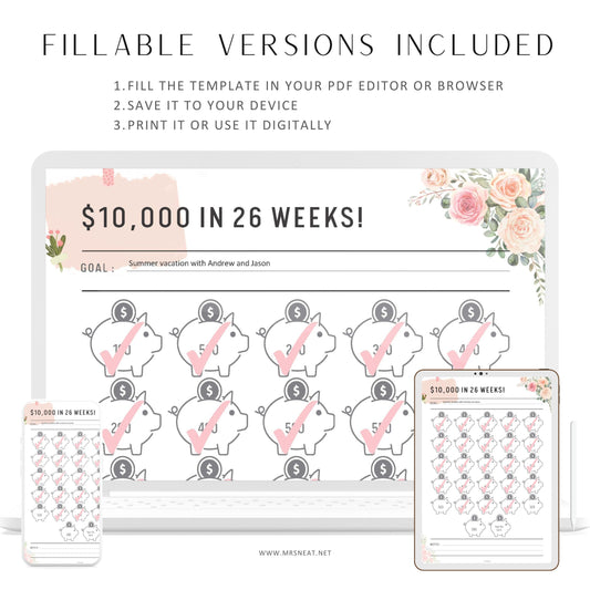 Floral 10000 Savings Challenge, Save 10000 in 26 Weeks, Fillable Saving Tracker, Money Saving Printable, Pdf, A4, A5, Letter, Half Letter