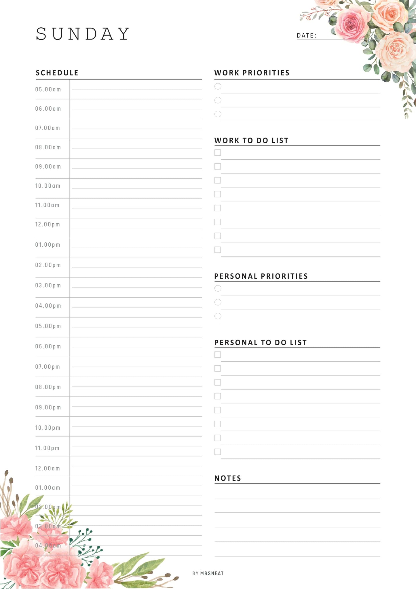 Floral Work From Home Daily Planner, 7 Pages, Monday to Sunday, Sunday Page A4