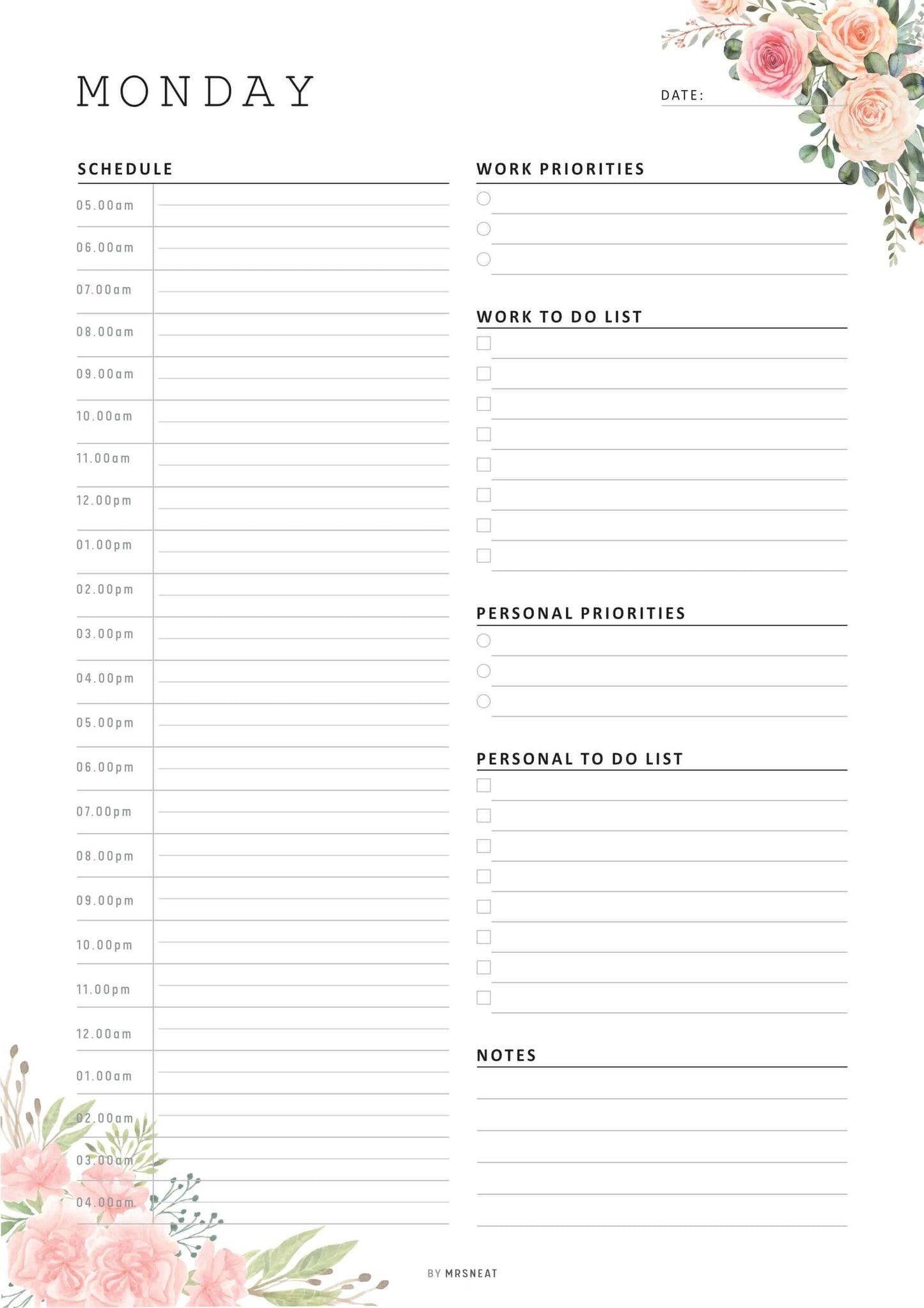 Floral Work From Home Daily Planner, 7 Pages, Monday to Sunday, Monday Page A4