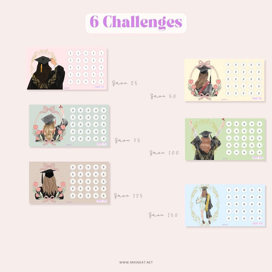 6 Beautiful Graduation Fund Savings Challenges A6 size for Low Income Budget Tracker
