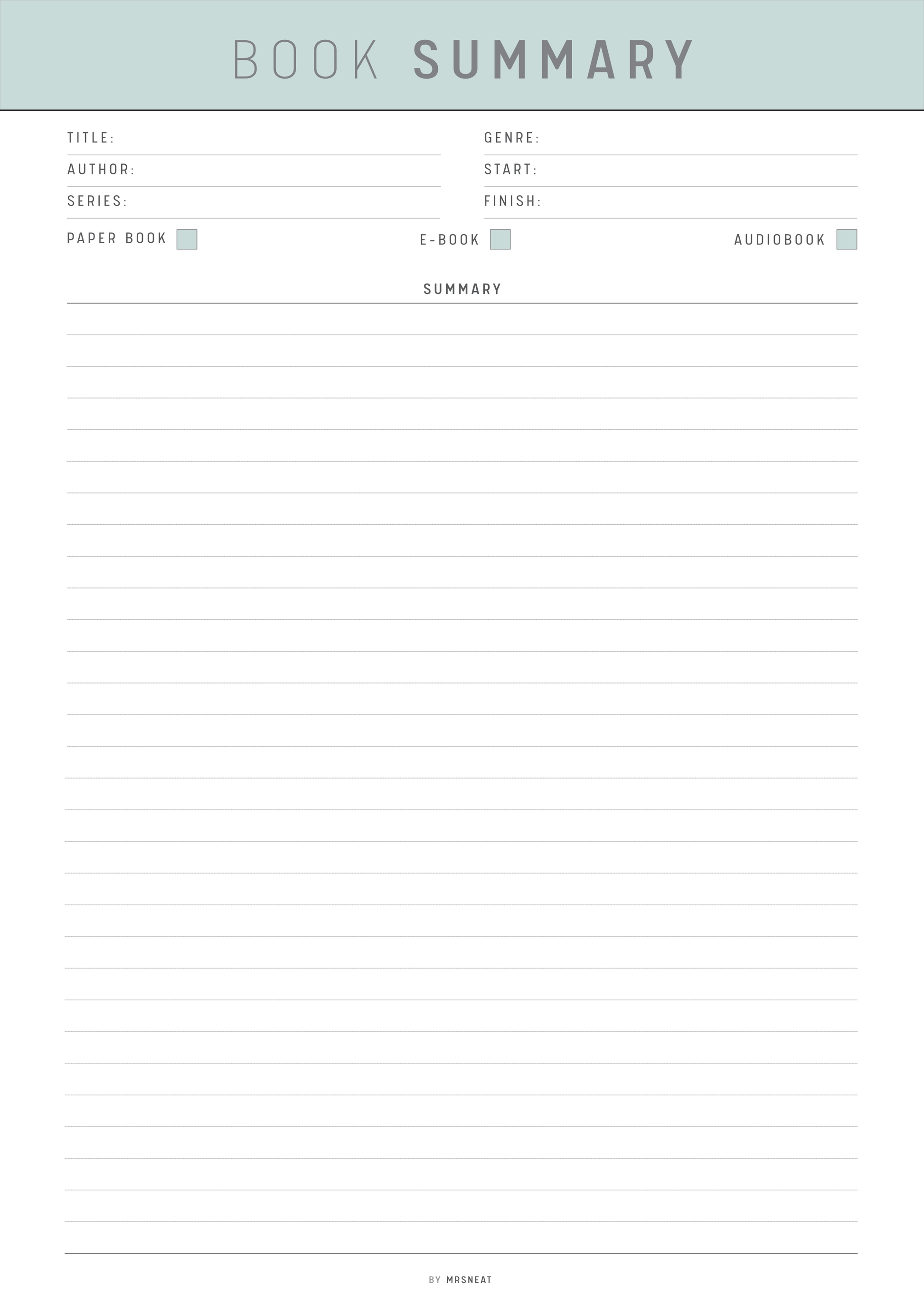 Blank book summary form with fields for title, author, genre, series, paper/book, e-book, audiobook, start, finish, and summary.