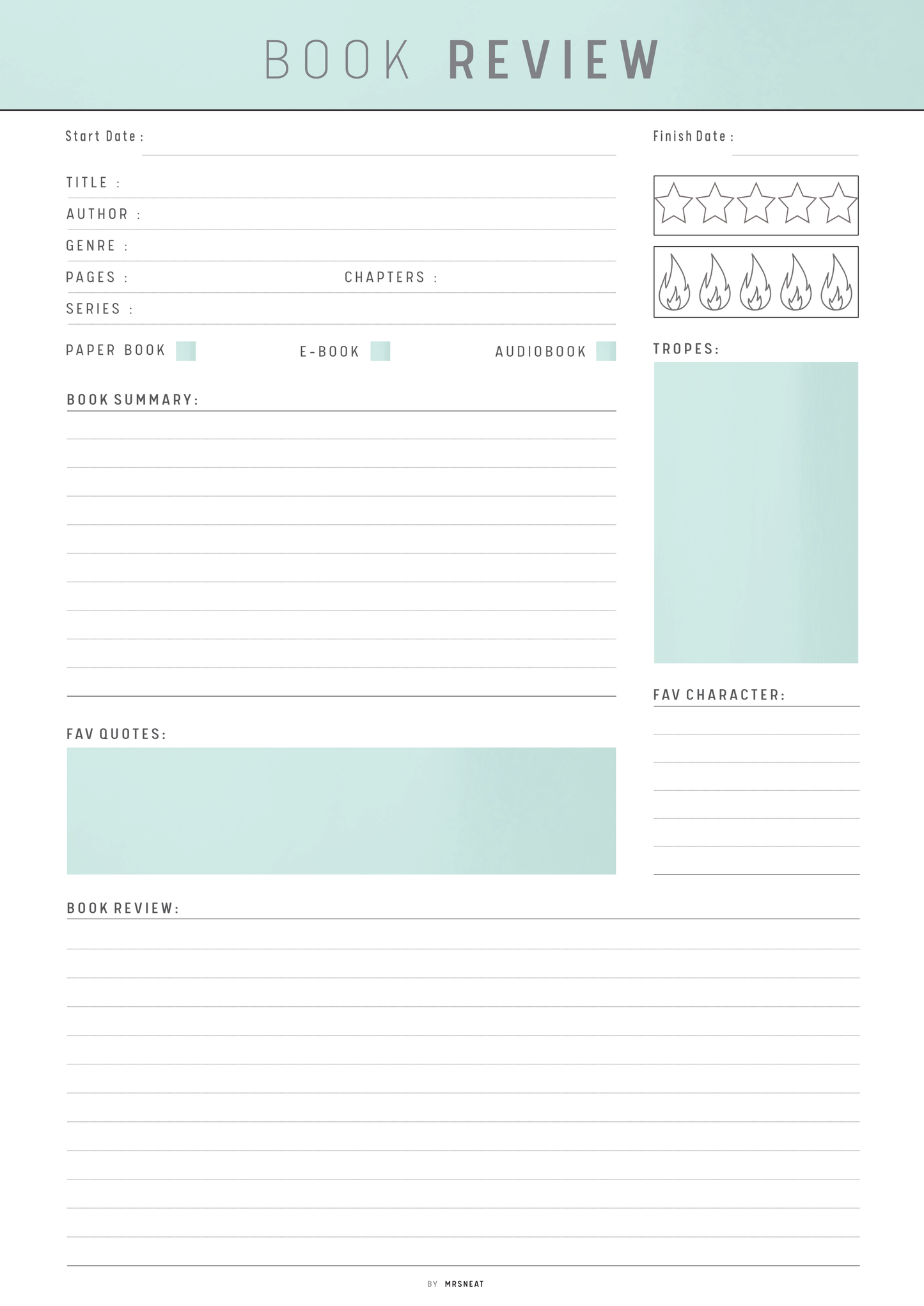 Book review form with various sections on a light green background