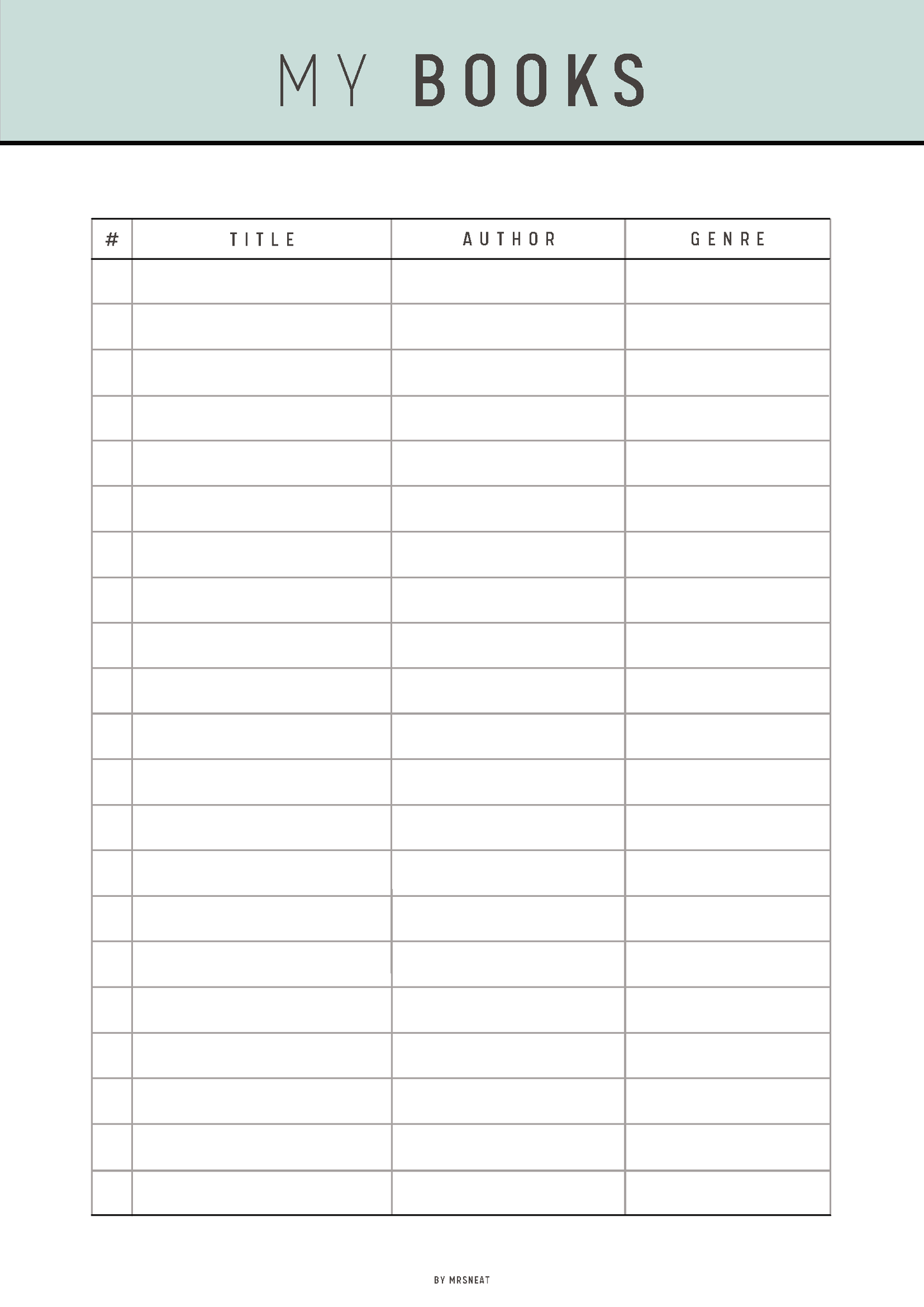 Sheet with a table titled 'My Books' for tracking book information.