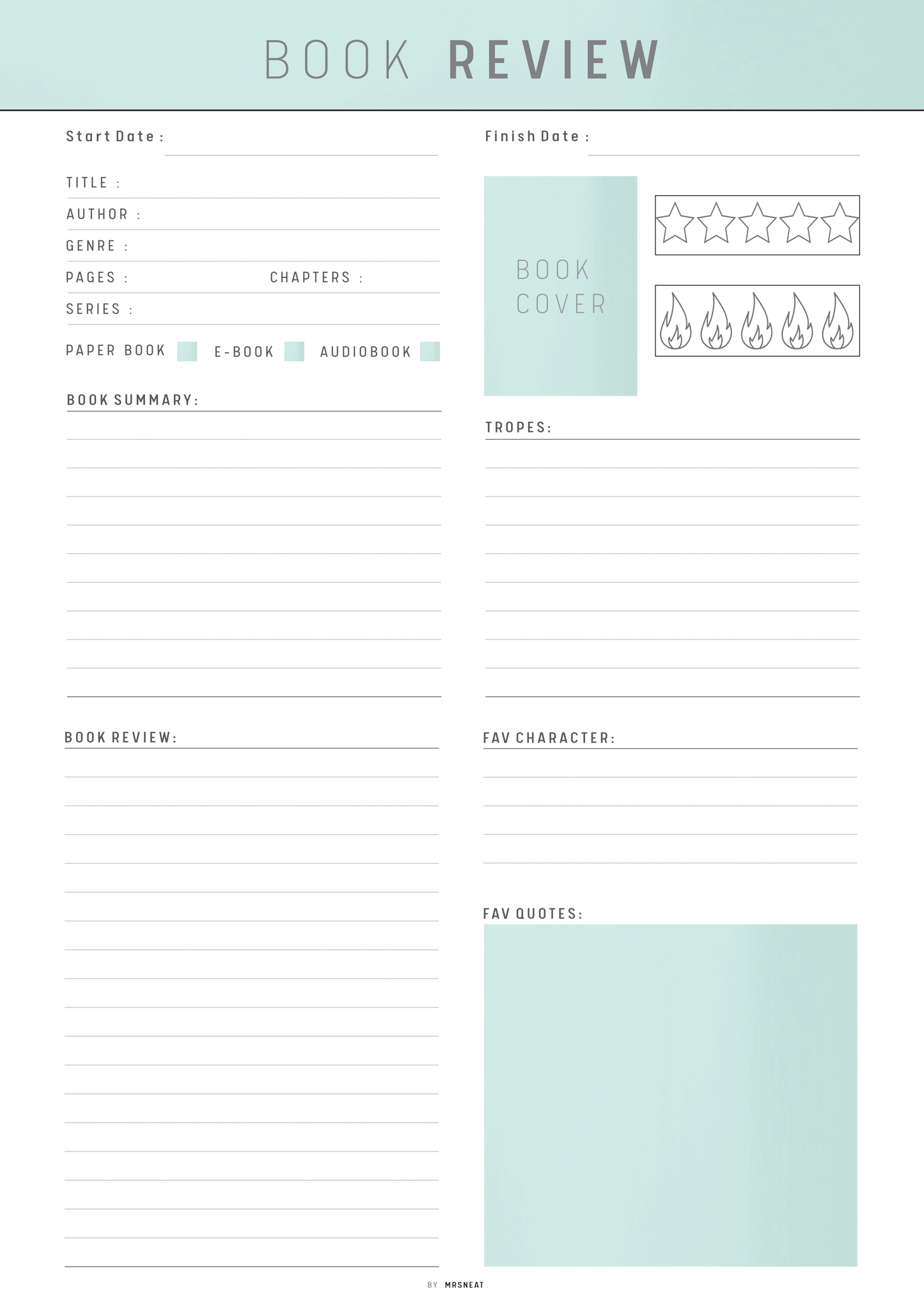 Book review form with fields for book details and summary on a light green background
