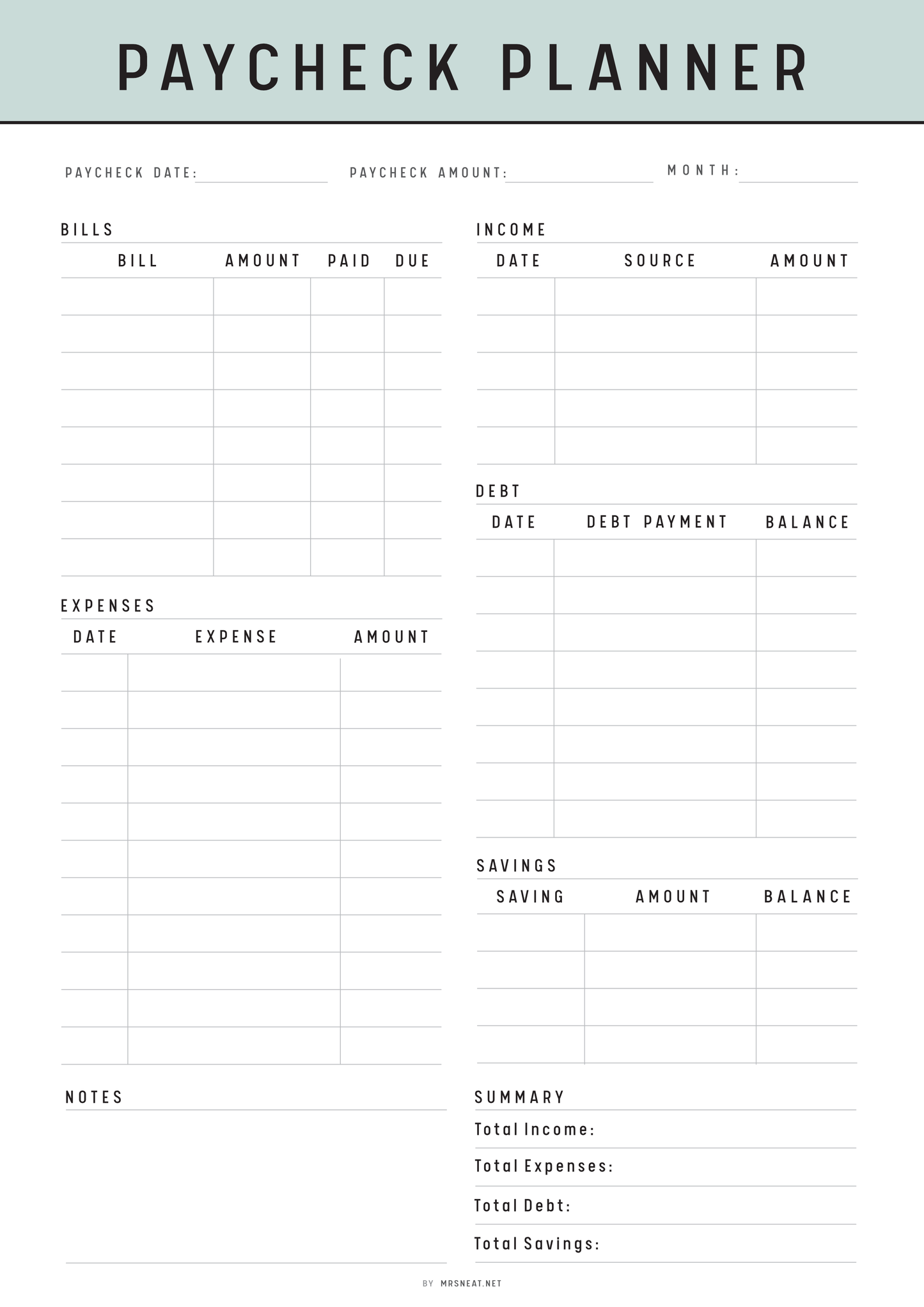 A4 Green Paycheck planner with columns for various financial information