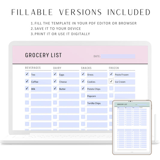 Fillable Grocery List Printable, Grocery Planner Template, Food Shopping List, Shopping List, PDF, 5 colors, A4, A5, Letter, Half Letter