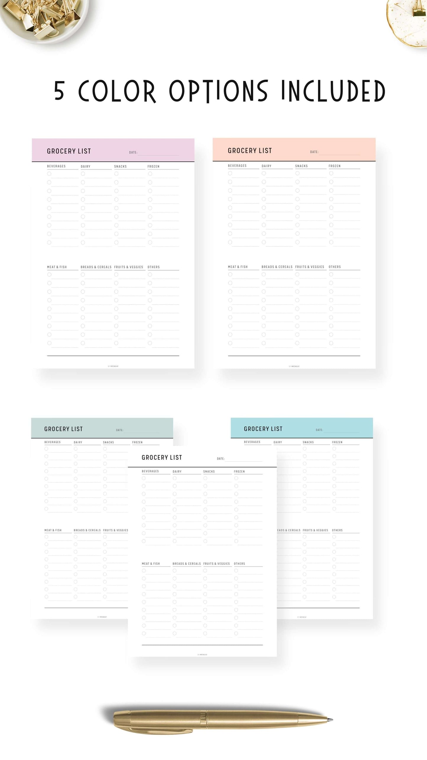 5 colors Grocery List Template Printable PDF