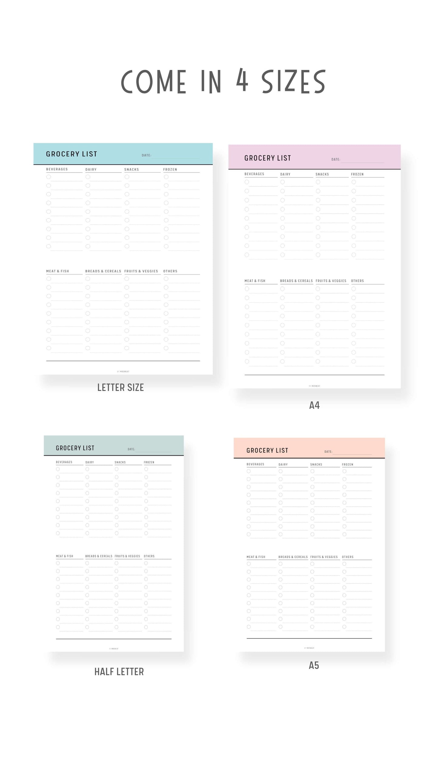 4 sizes Grocery List Template Printable PDF