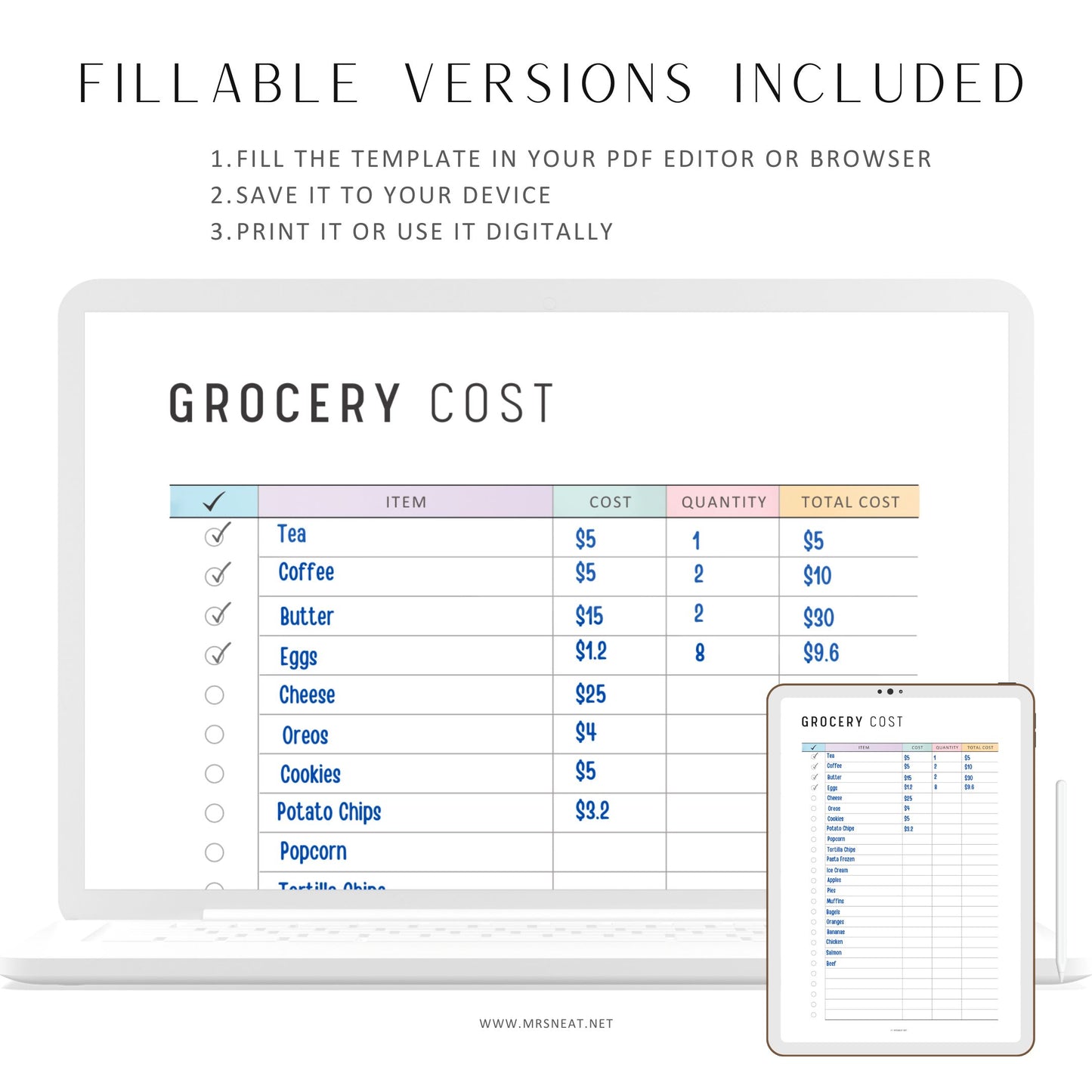 Fillable Grocery Budget Planner Printable, Grocery Cost List, PDF, Shopping List, Shopping Tracker, A4, A5, Letter, Half Letter, PDF