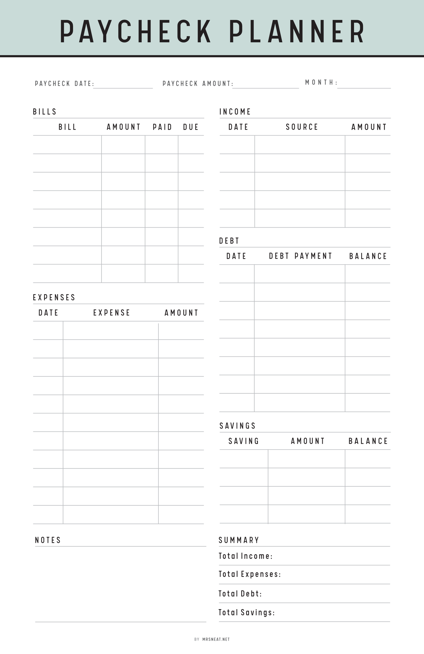 Half Letter Green Paycheck planner with columns for paycheck date, amount, income, expenses, savings, and debt.