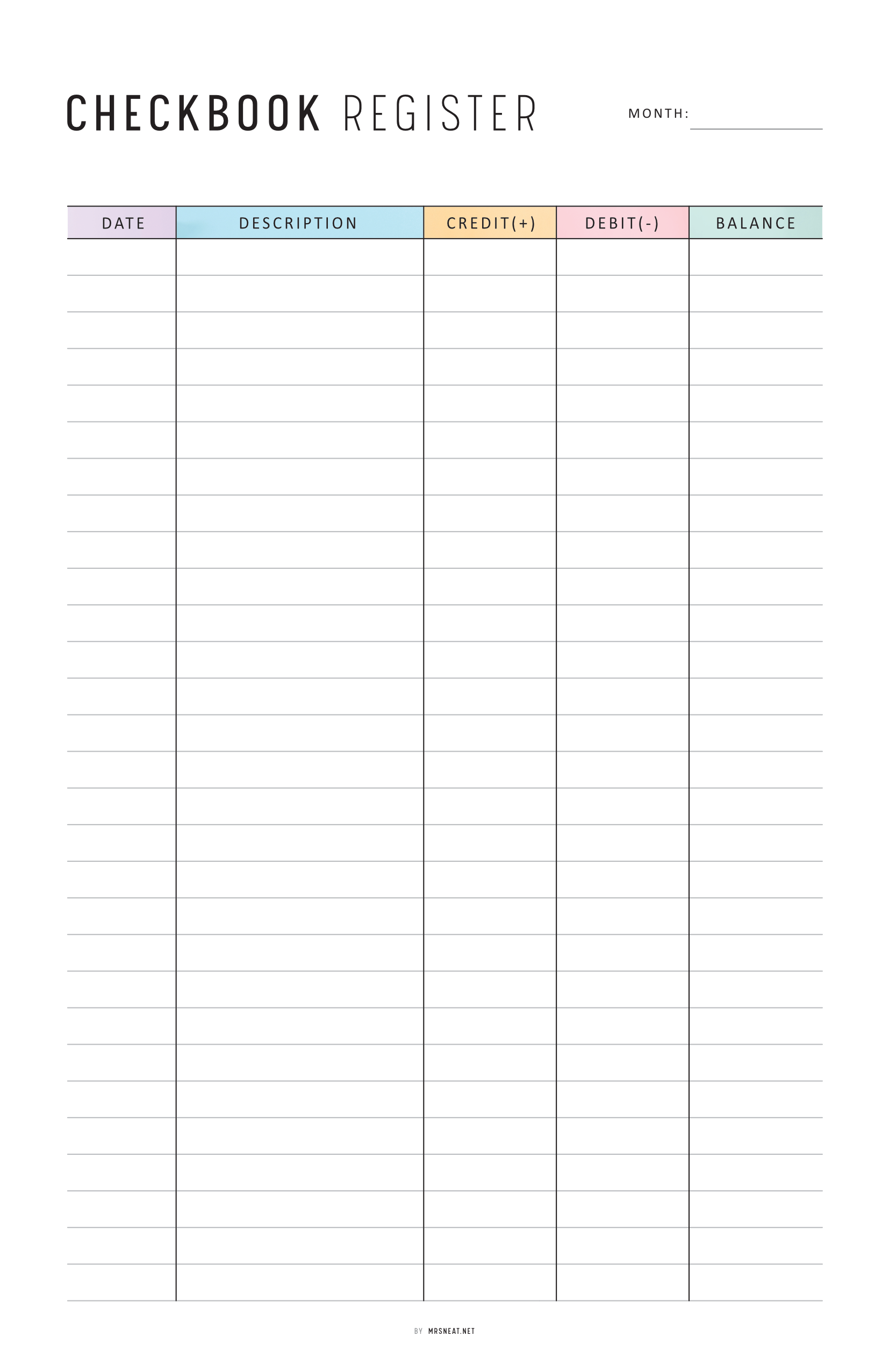 Checkbook register form with columns for date, description, credits, debits, and balance.