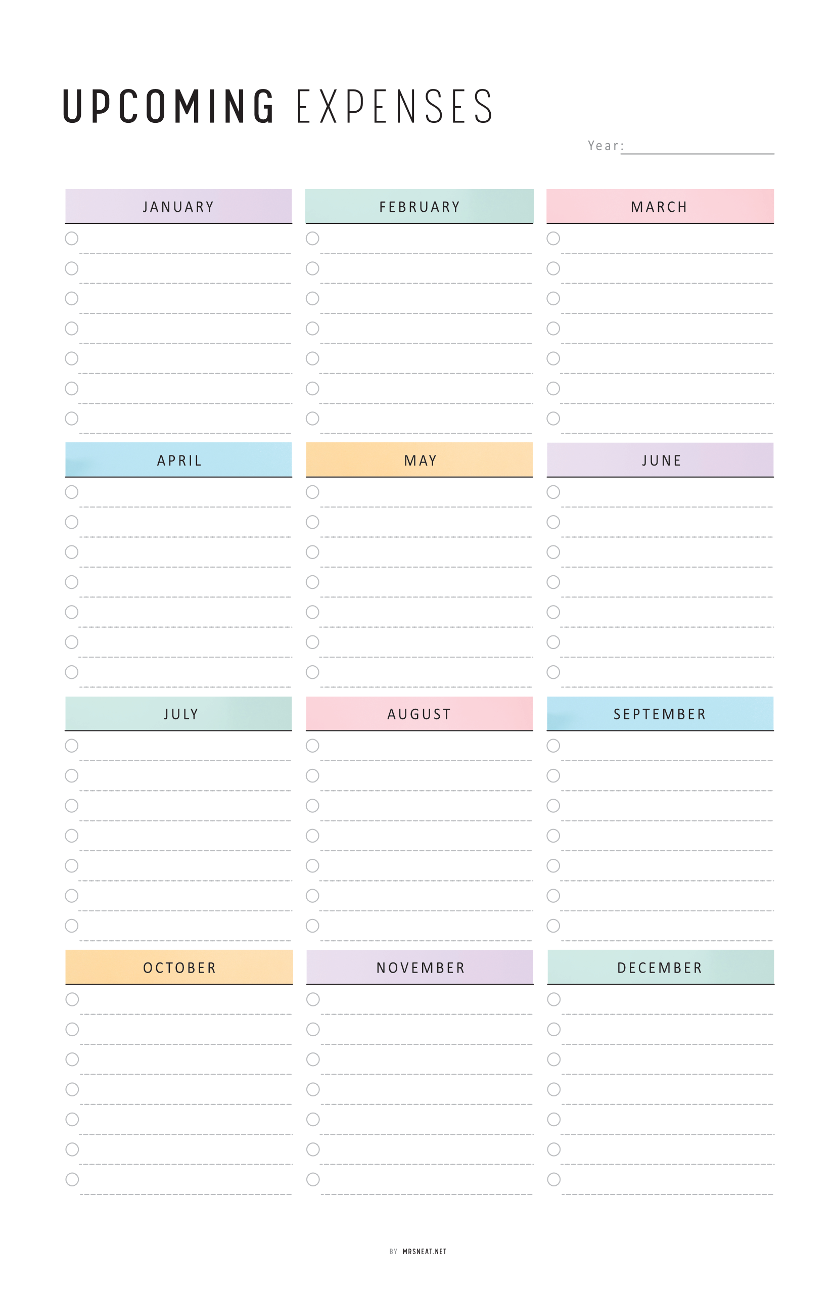 Upcoming expenses calendar with pastel-colored months on a white background