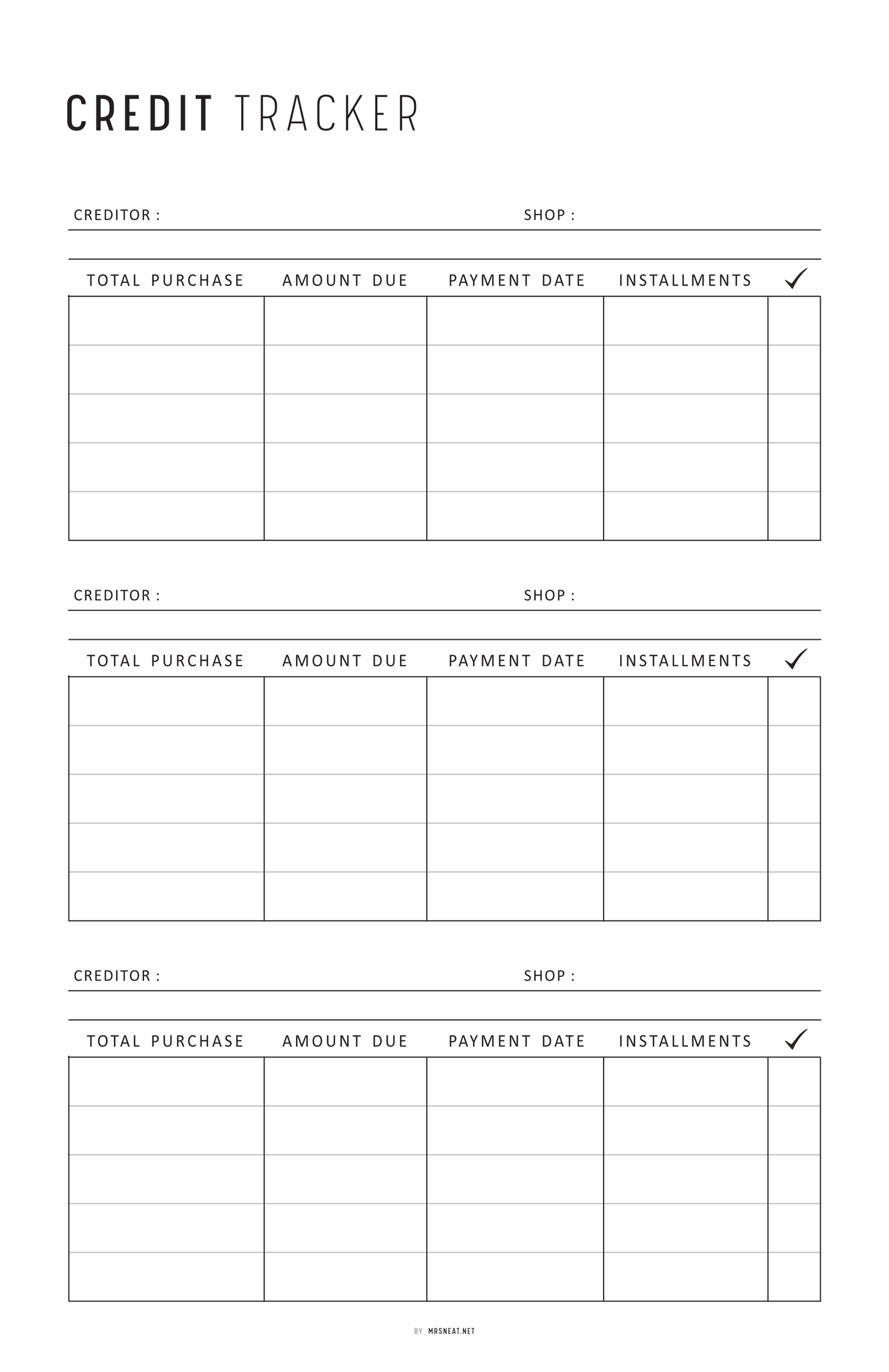 Blank credit tracker sheet with columns for creditor, shop, total purchase, amount due, payment date, and installments.