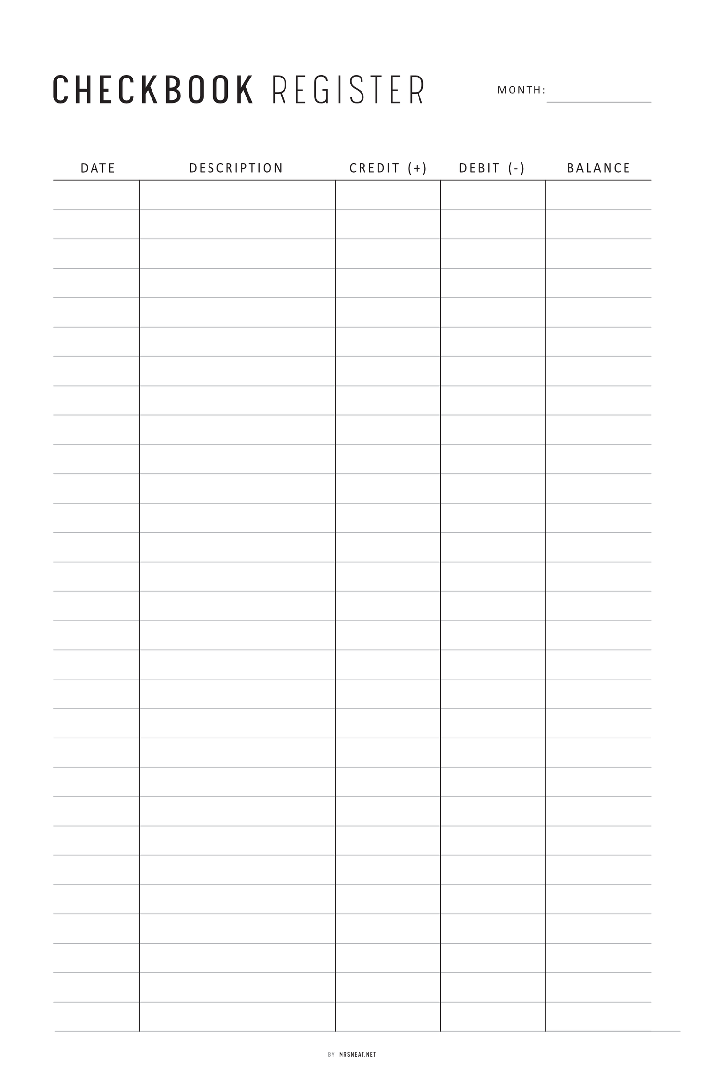 Checkbook register form with columns for date, description, credit, debit, and balance.
