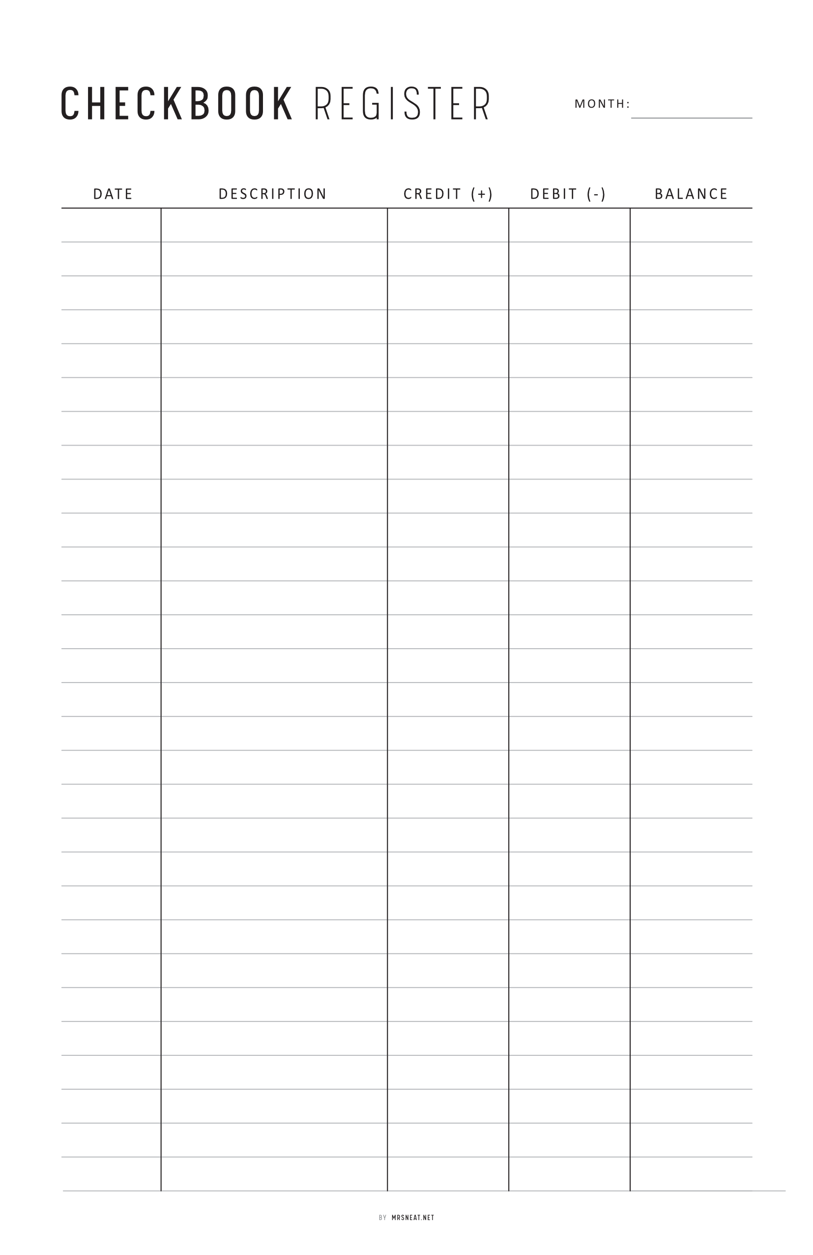 Checkbook register form with columns for date, description, credit, debit, and balance.