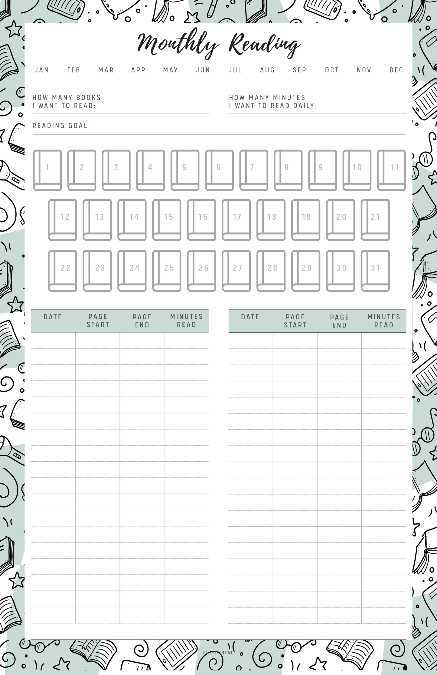 Reading planner with monthly reading goals and tracking sections, surrounded by green book-themed illustrations.