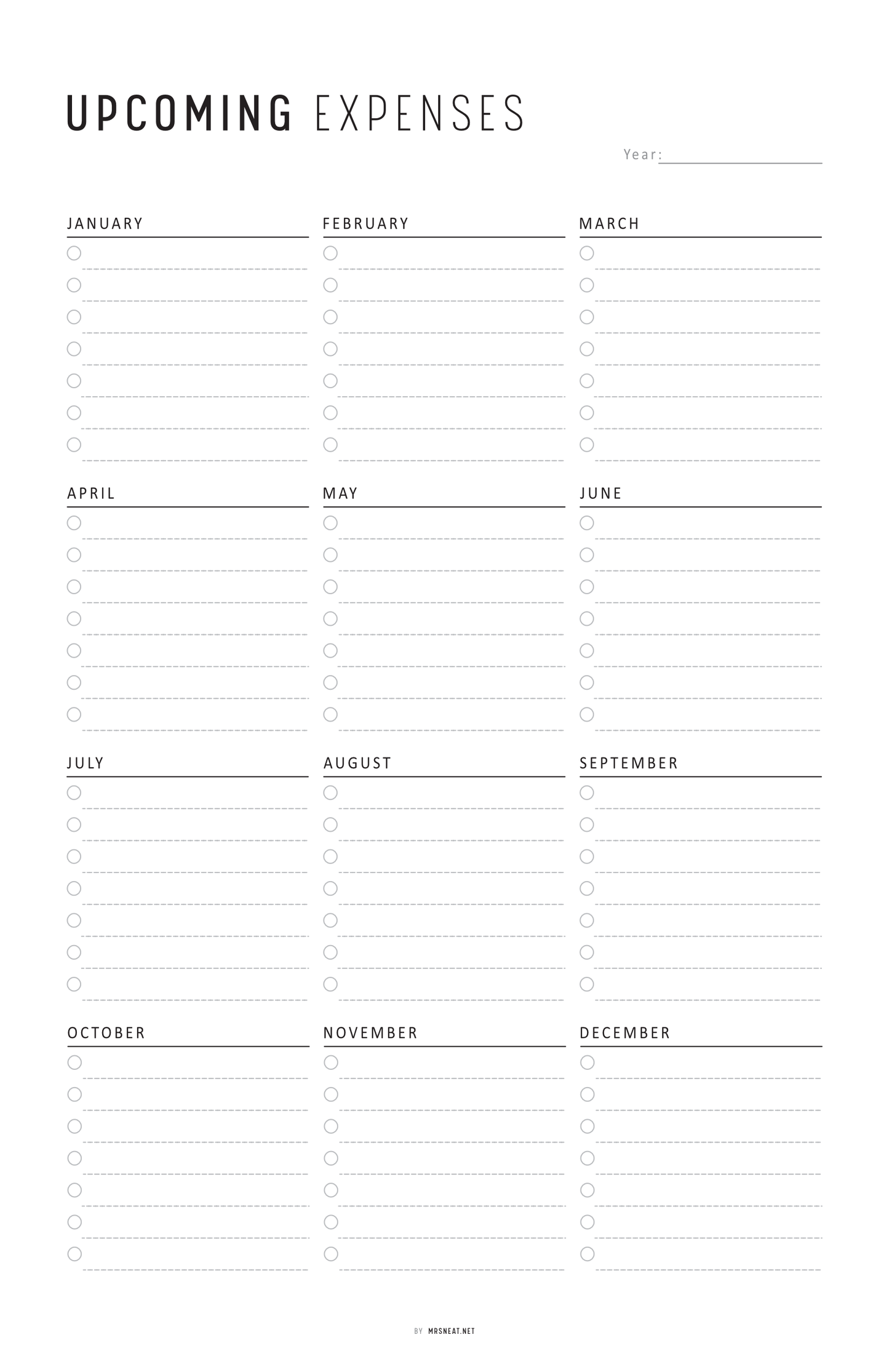 Blank expense tracker with months listed from January to December on a white background