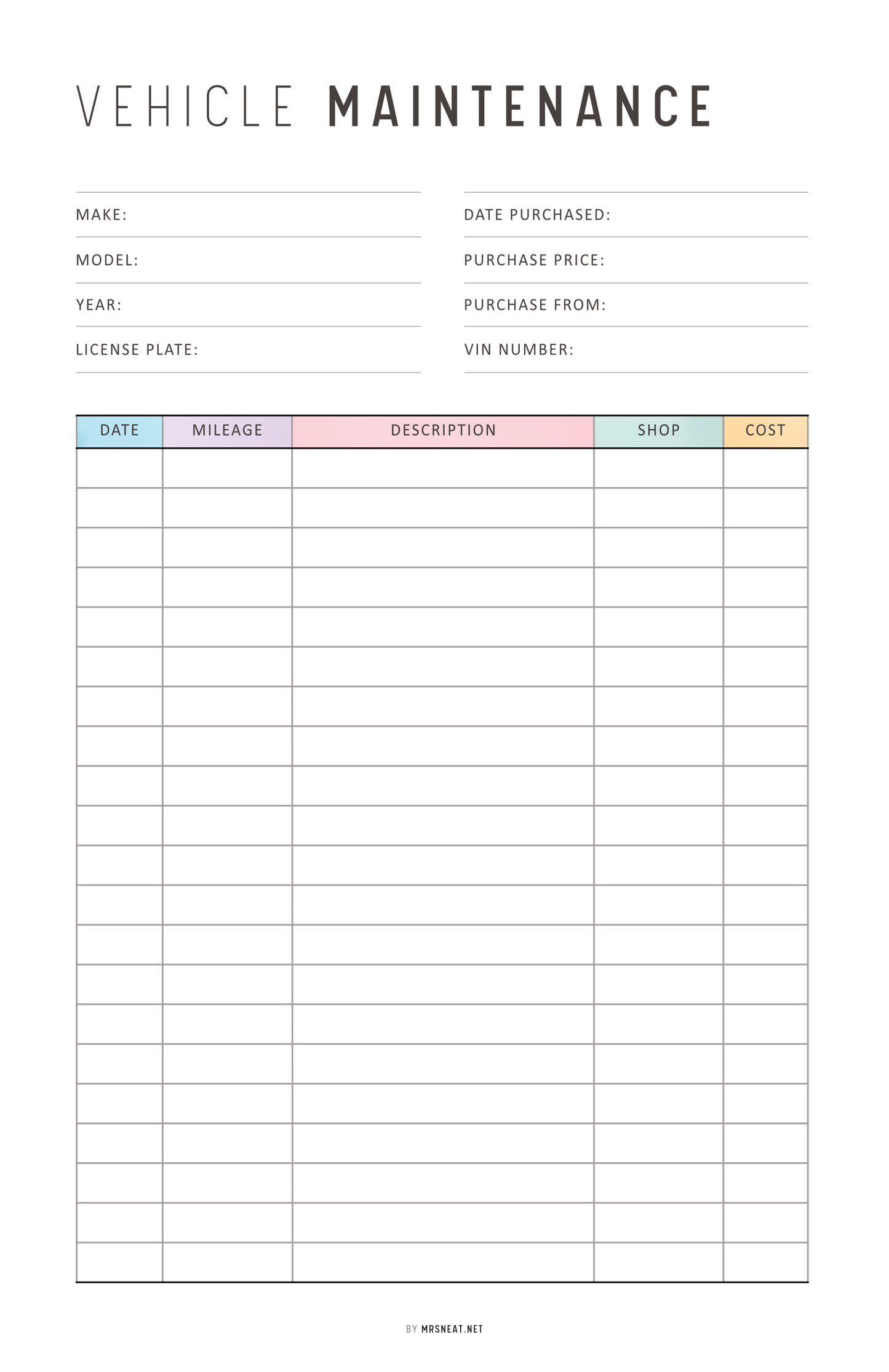Vehicle maintenance log sheet with columns for date, mileage, description, shop, and cost.