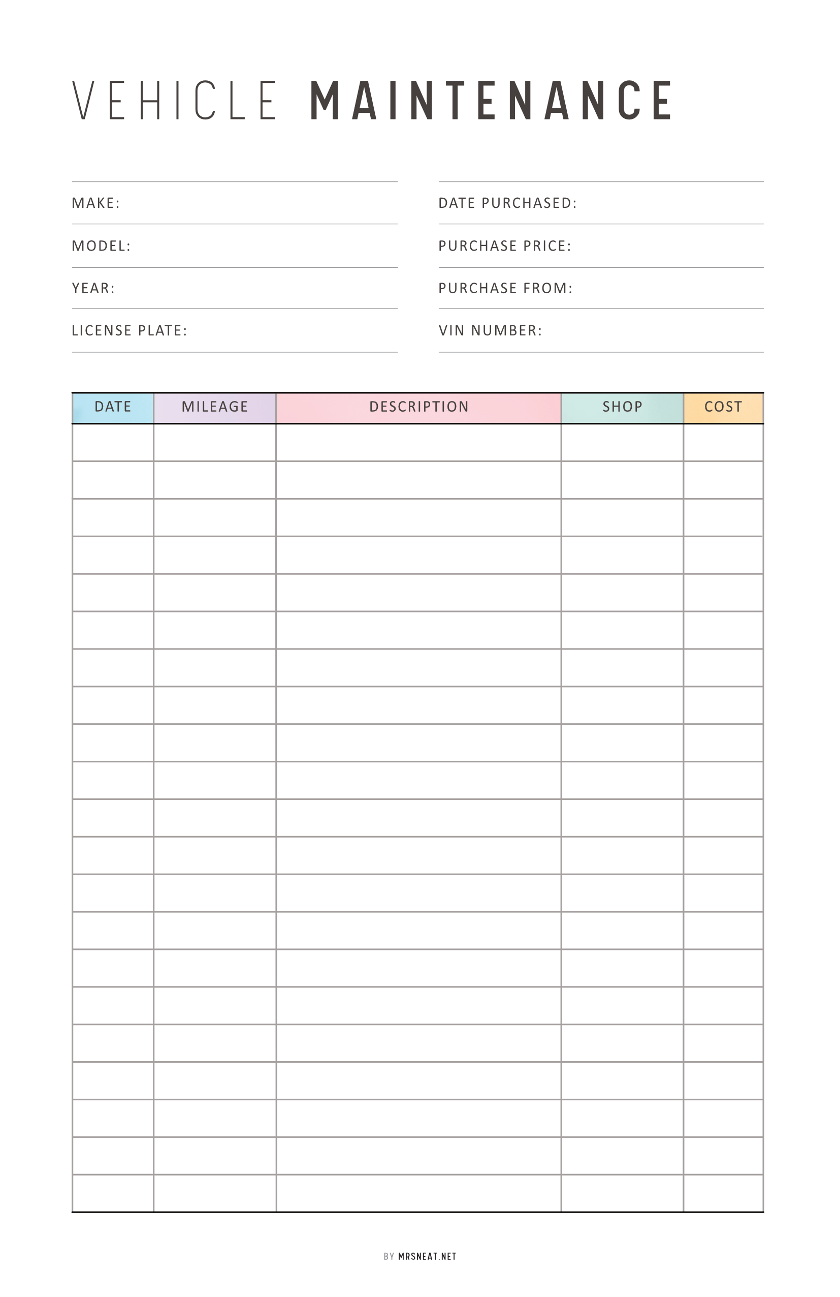 Vehicle maintenance log sheet with columns for date, mileage, description, shop, and cost.