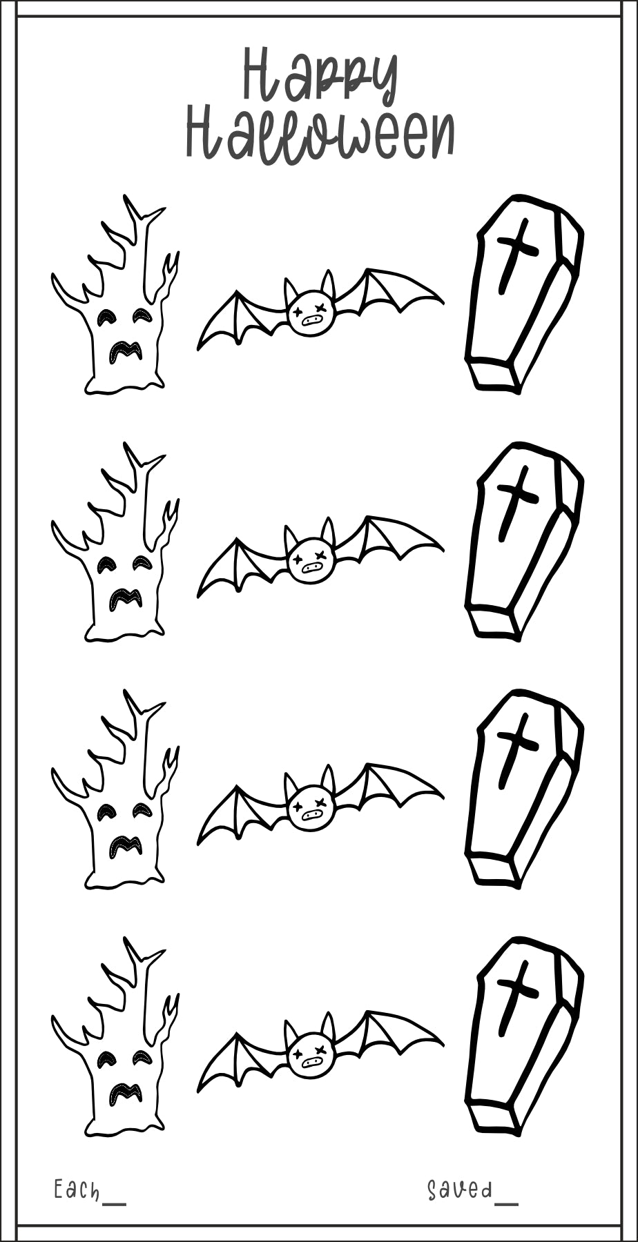 Black and white Halloween-themed mini savings challenge including trees, bats, and coffins on a white background.