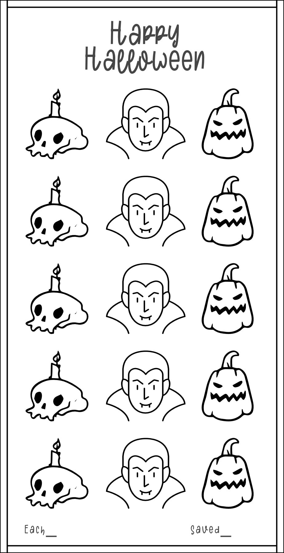 Black and white Halloween-themed mini savings challenge sheet with pumpkins, skulls, and faces.