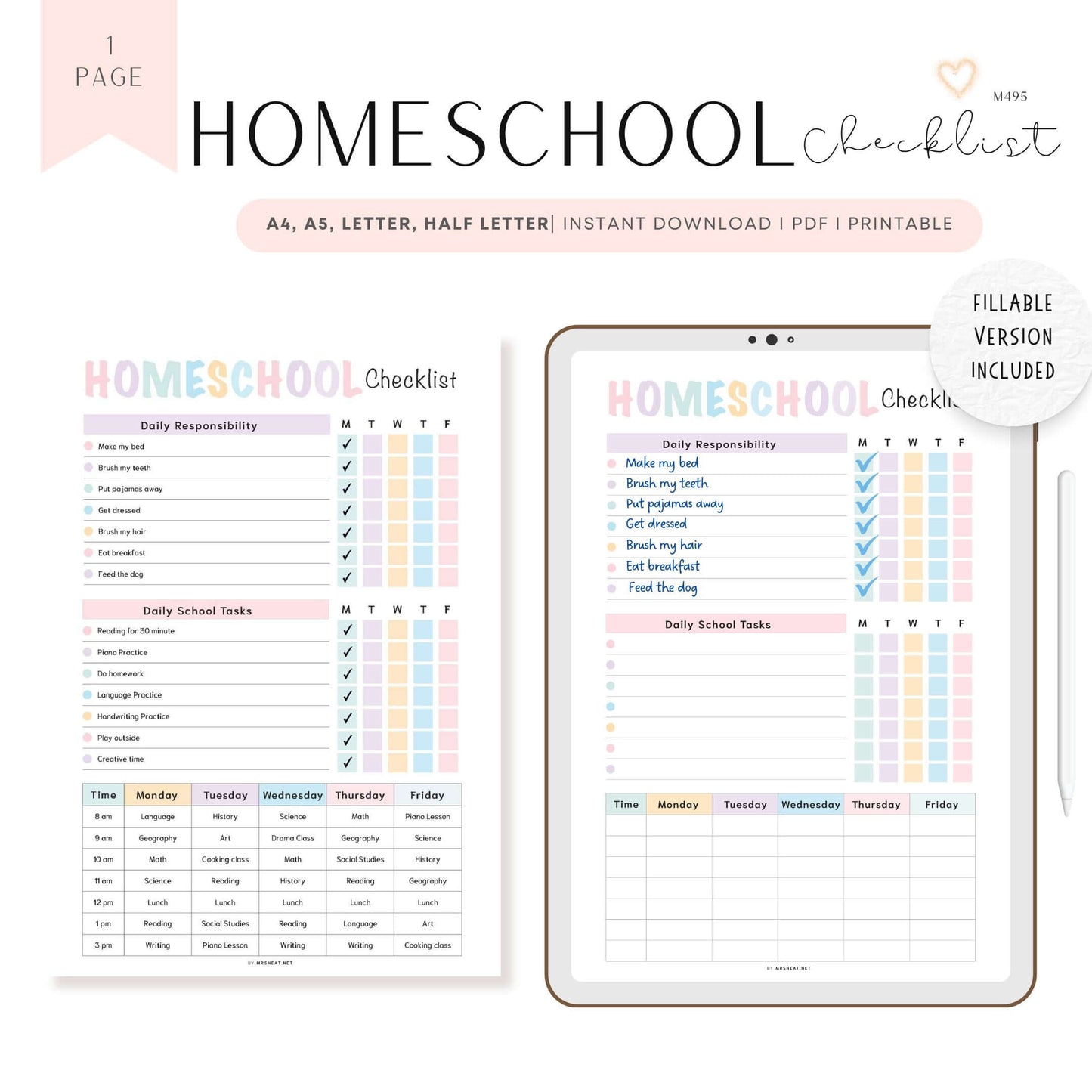 Homeschool Checklist Template PDF, Fillable PDF, Editable PDF, Digital Planner, Printable Planner, A4, A5, Letter, Half Letter, Pre-filled and blank version