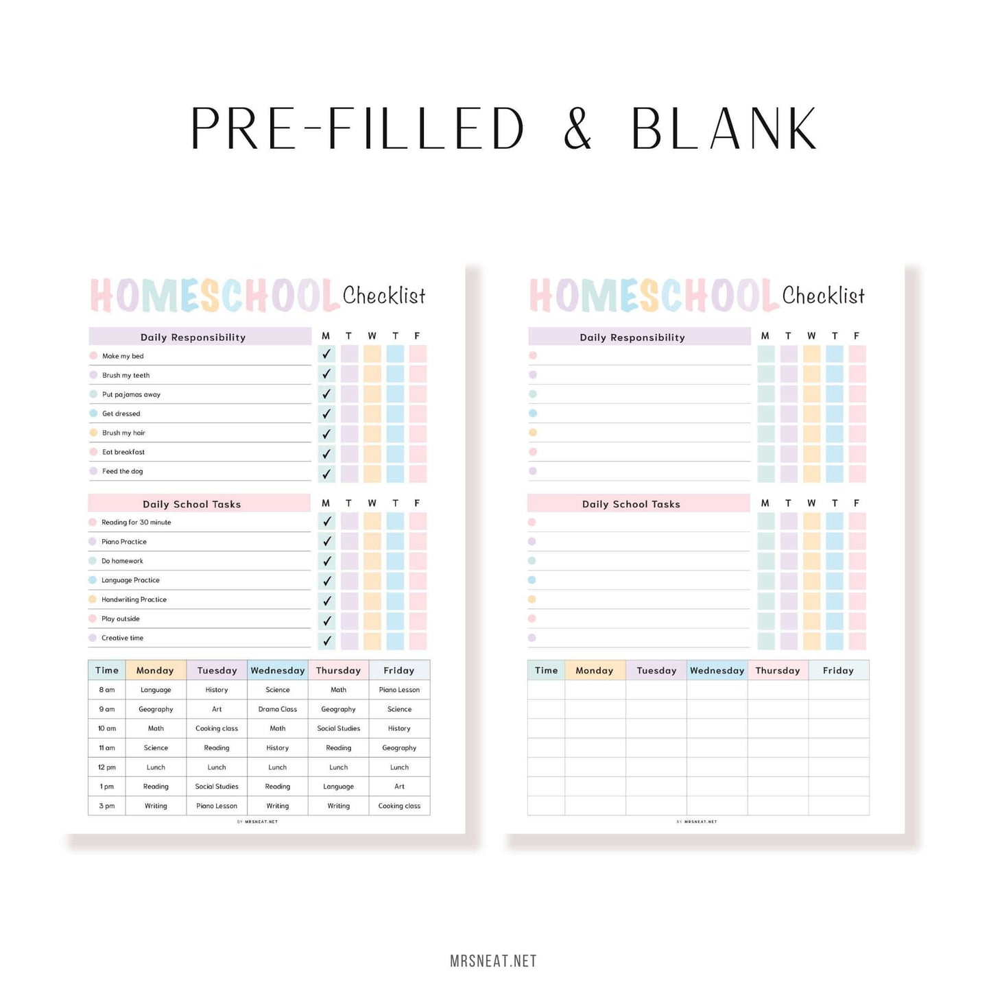 Homeschool Checklist Template PDF, Fillable PDF, Editable PDF, Digital Planner, Printable Planner, A4, A5, Letter, Half Letter, Pre-filled and blank version