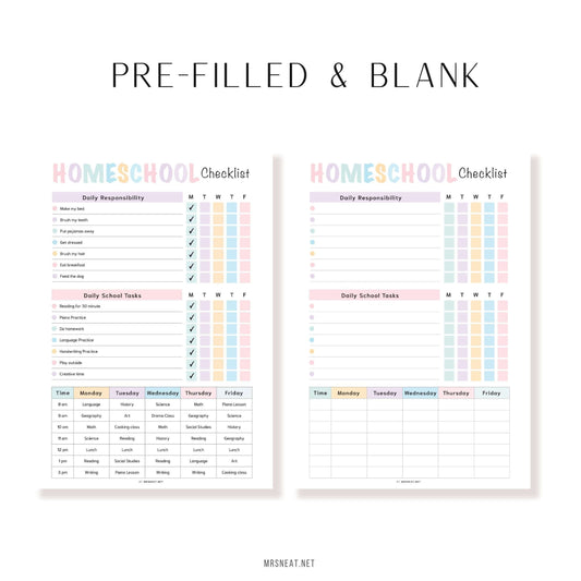 Homeschool Checklist Template PDF, Fillable PDF, Editable PDF, Digital Planner, Printable Planner, A4, A5, Letter, Half Letter, Pre-filled and blank version
