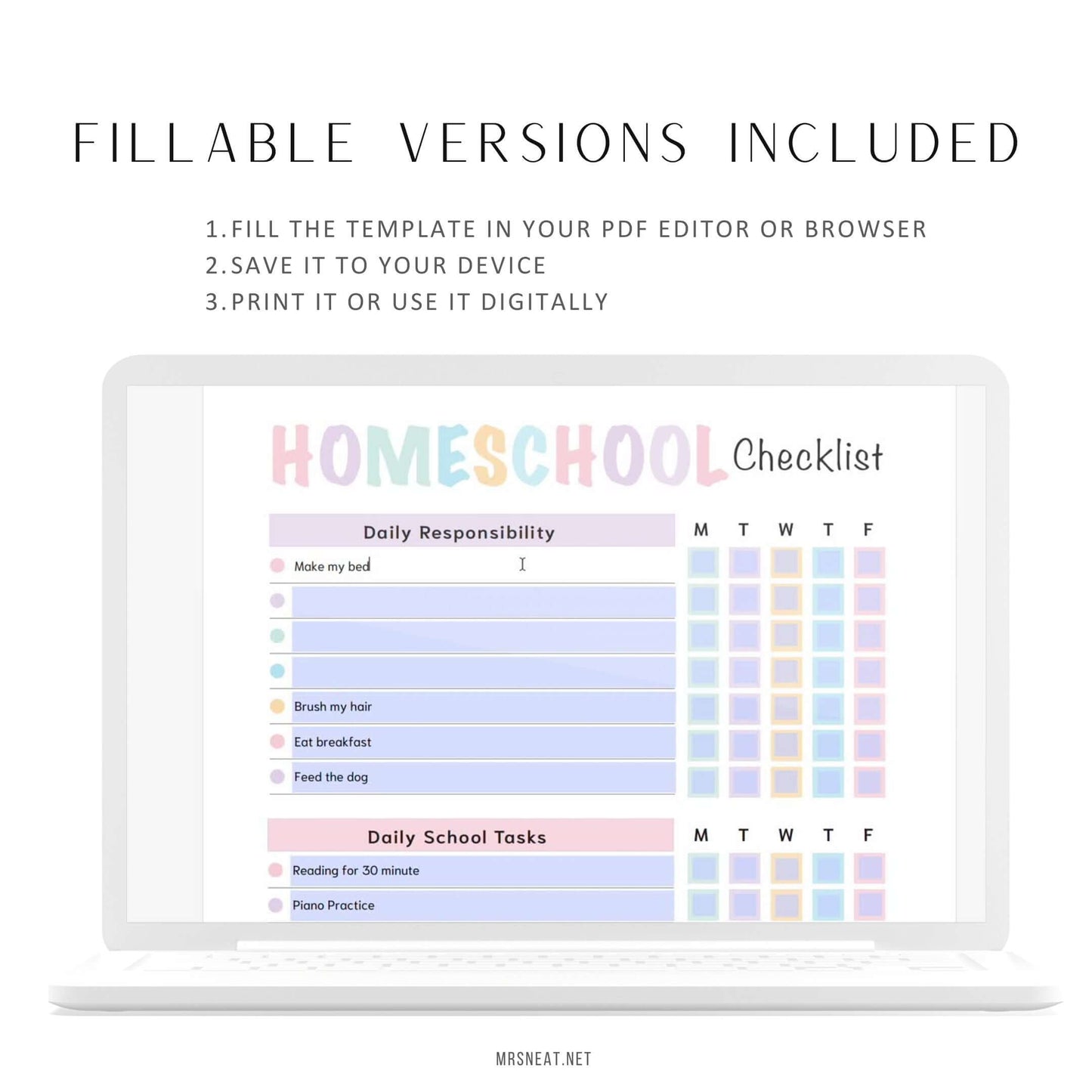 Homeschool Checklist Template PDF, Fillable PDF, Editable PDF, Digital Planner, Printable Planner, A4, A5, Letter, Half Letter, Pre-filled and blank version